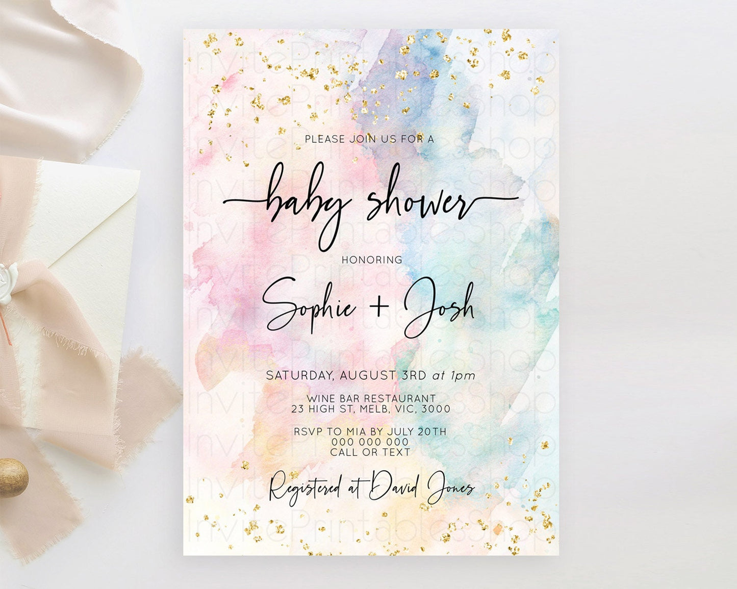 Pastel Baby Shower Invitation Rainbow Baby Shower Invitation Colorful Pastel Watercolor Invitation Gold Glitter Sprinkles Ombre D10276