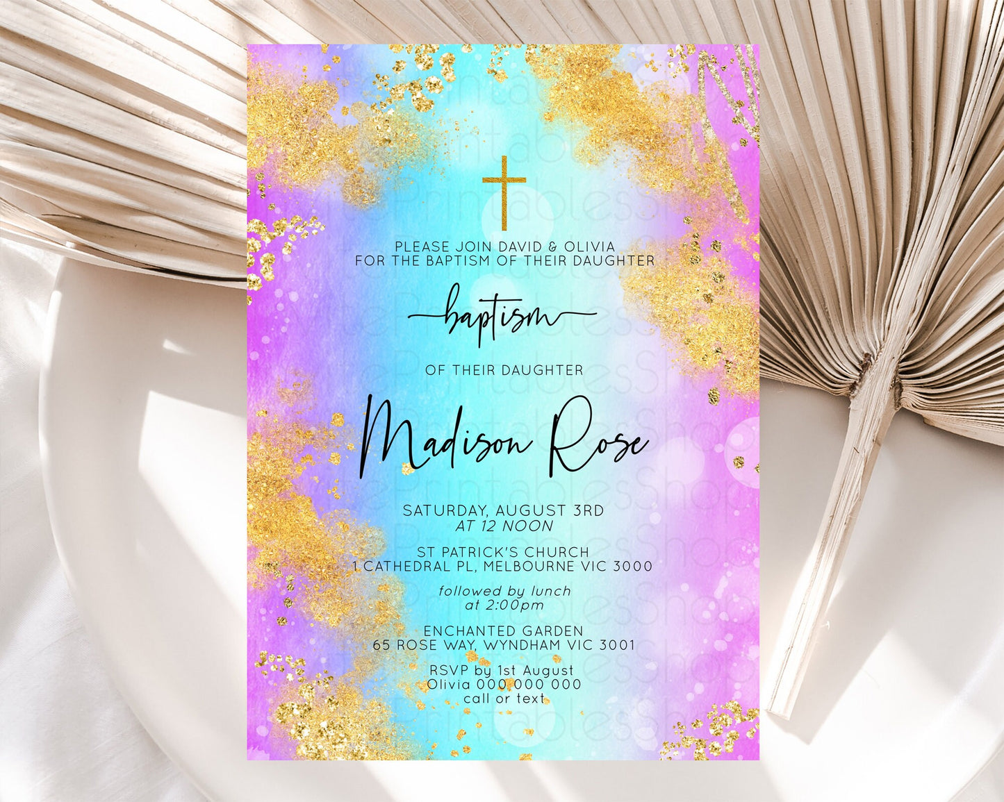 Pastel Baptism Invitation Pastel Colors Watercolor Baptism 1st Birthday Party Gold Ombre Pastel Rainbow Christening Holy Communion D10564