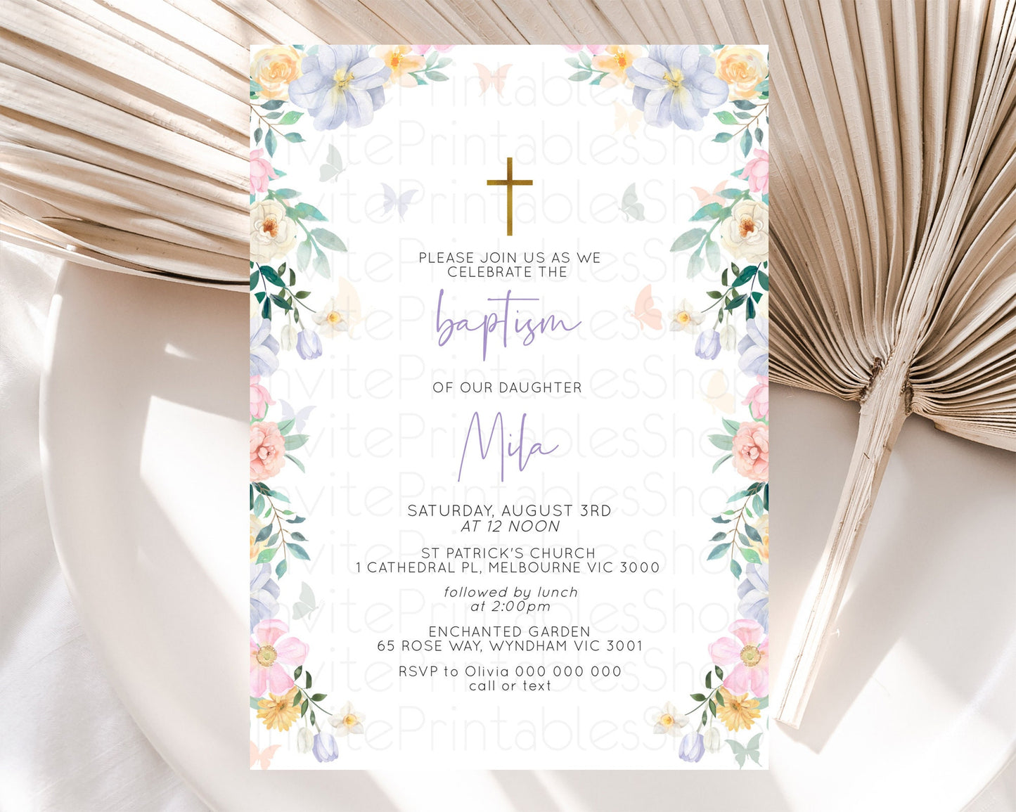 Secret Garden Baptism Invitation Wildflower Baptism Birthday Invite Pastel Flowers Christening Invite Enchanted Garden Boho Floral  D10472