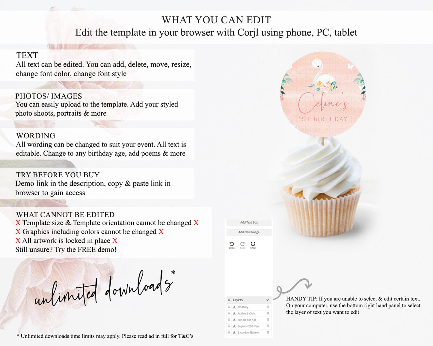 Swan Cupcake Toppers Swan Princess Ballet Cupcake Watercolour Pastel Floral Enchanted Forest Swan Lake Party Decor Secret Garden D10884