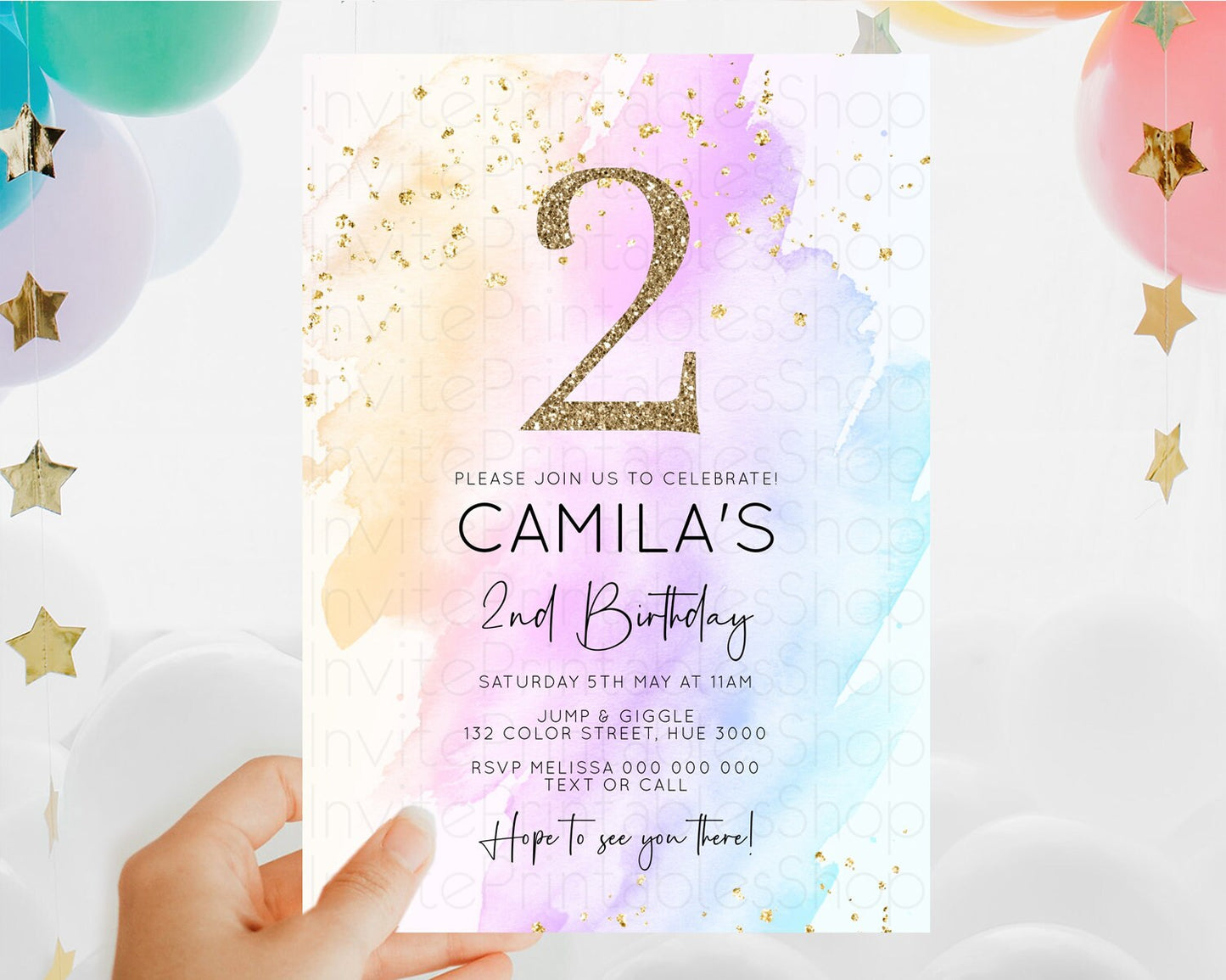 Rainbow Birthday Invitation Colorful Pastel Watercolor Invitation Gold Glitter Sprinkles Ombre Pastel 1st 2nd 3rd Birthday D10177