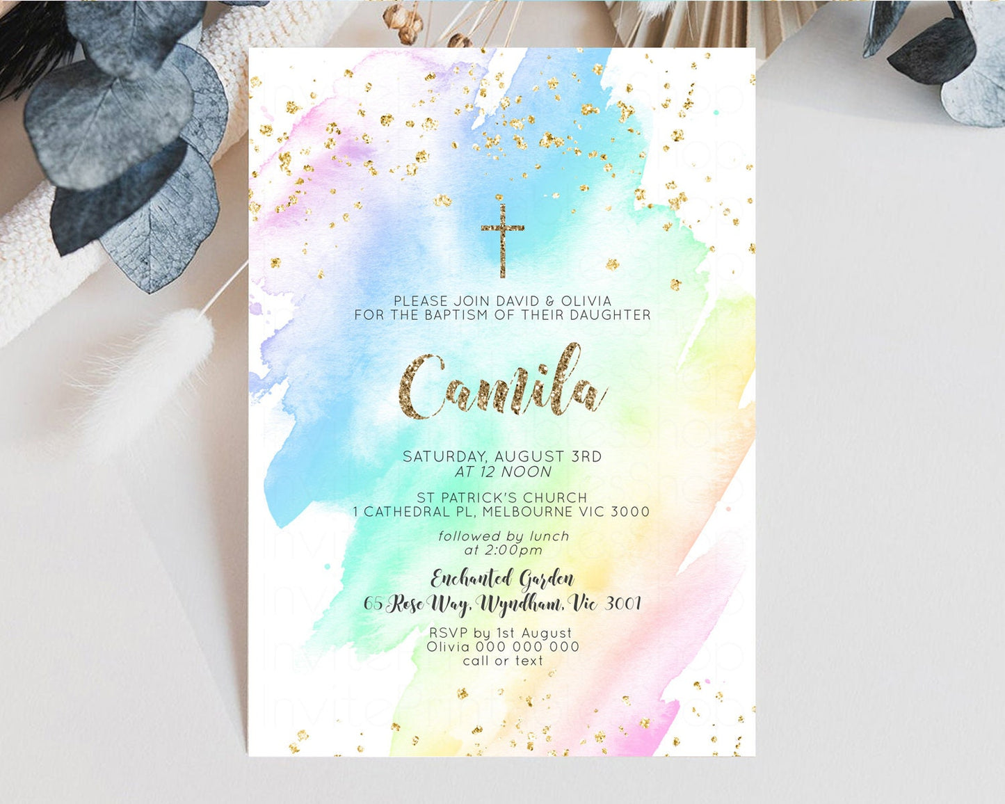 Rainbow Baptism Invitation Pastel Christening Invitation Holy Communion Invitation Glitter Watercolor Splash Invitation Colorful Invite g601