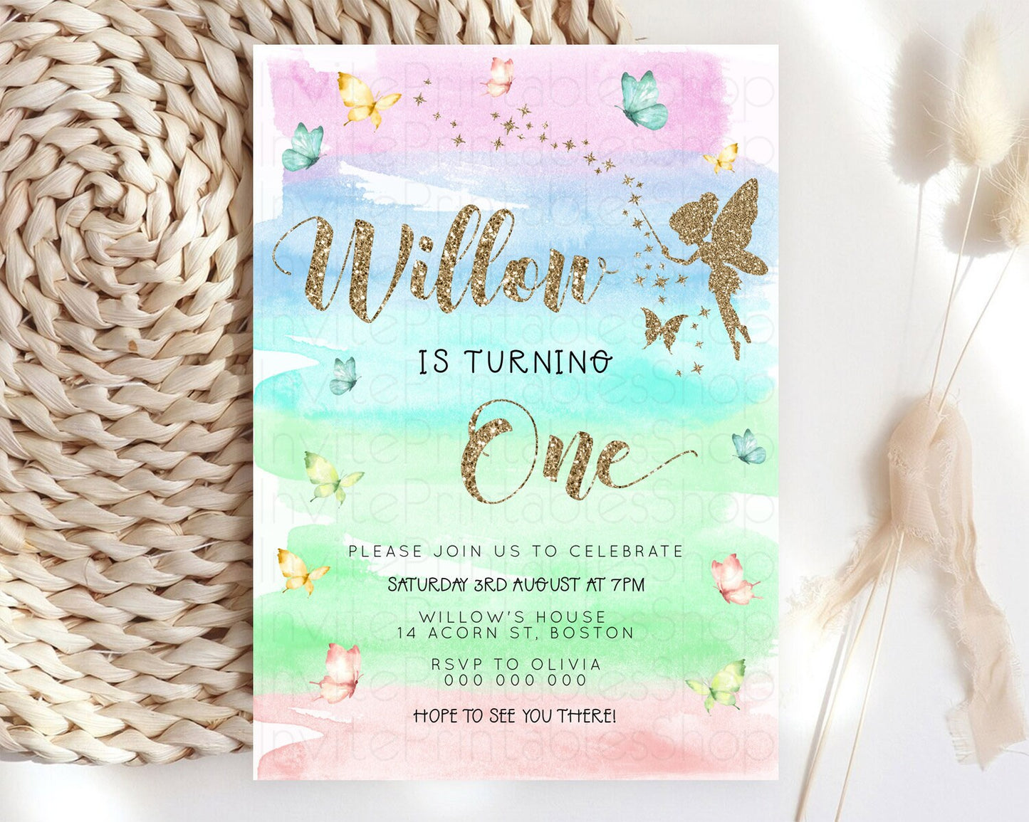 Pastel Fairy Birthday Invitation Pastel Butterflies Fairy Birthday Invitation Rainbow Ombre Watercolor 1st 2nd Birthday Invitation D23320