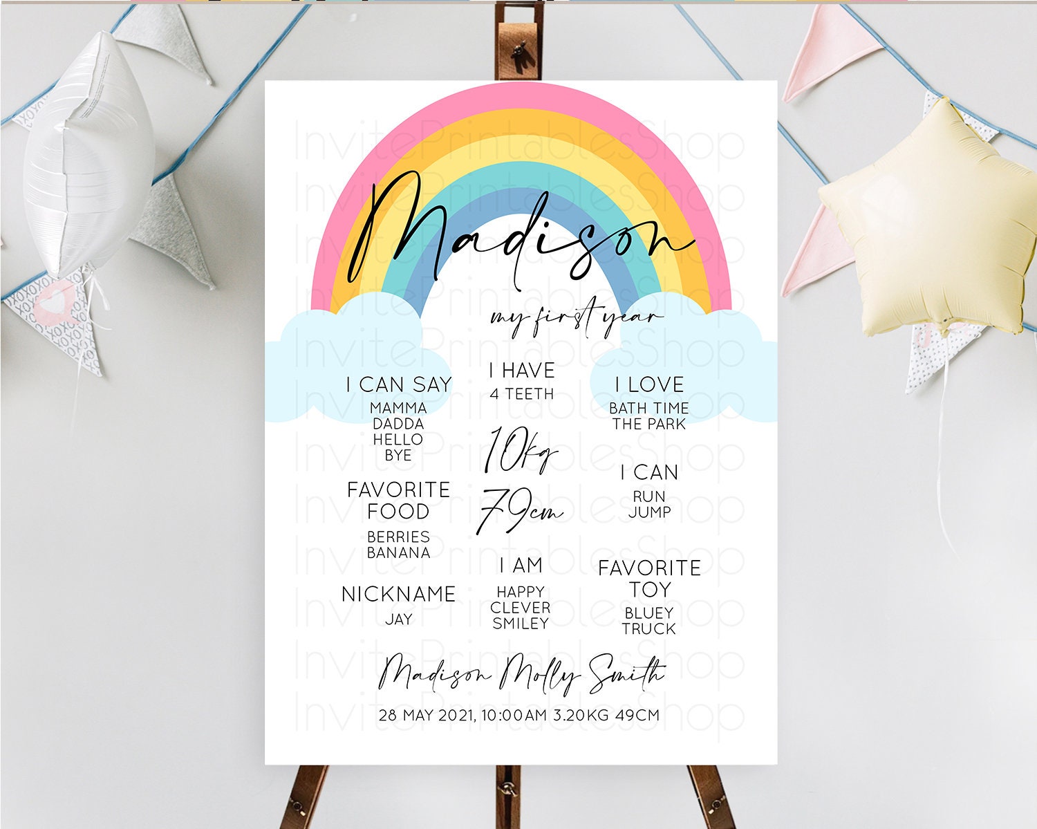 Editable Pastel Rainbow First Birthday Milestone Poster Boho Rainbow Milesto