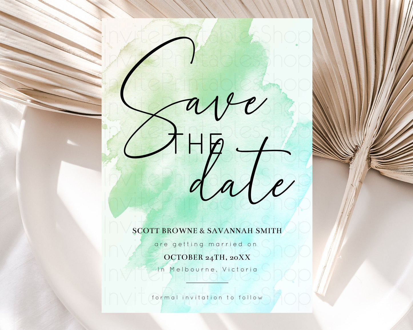 Green Watercolor Save The Date Template Ombre Green Watercolor Splash Party 1st Birthday Baby Shower Wedding Baptism Bridal Shower D10166
