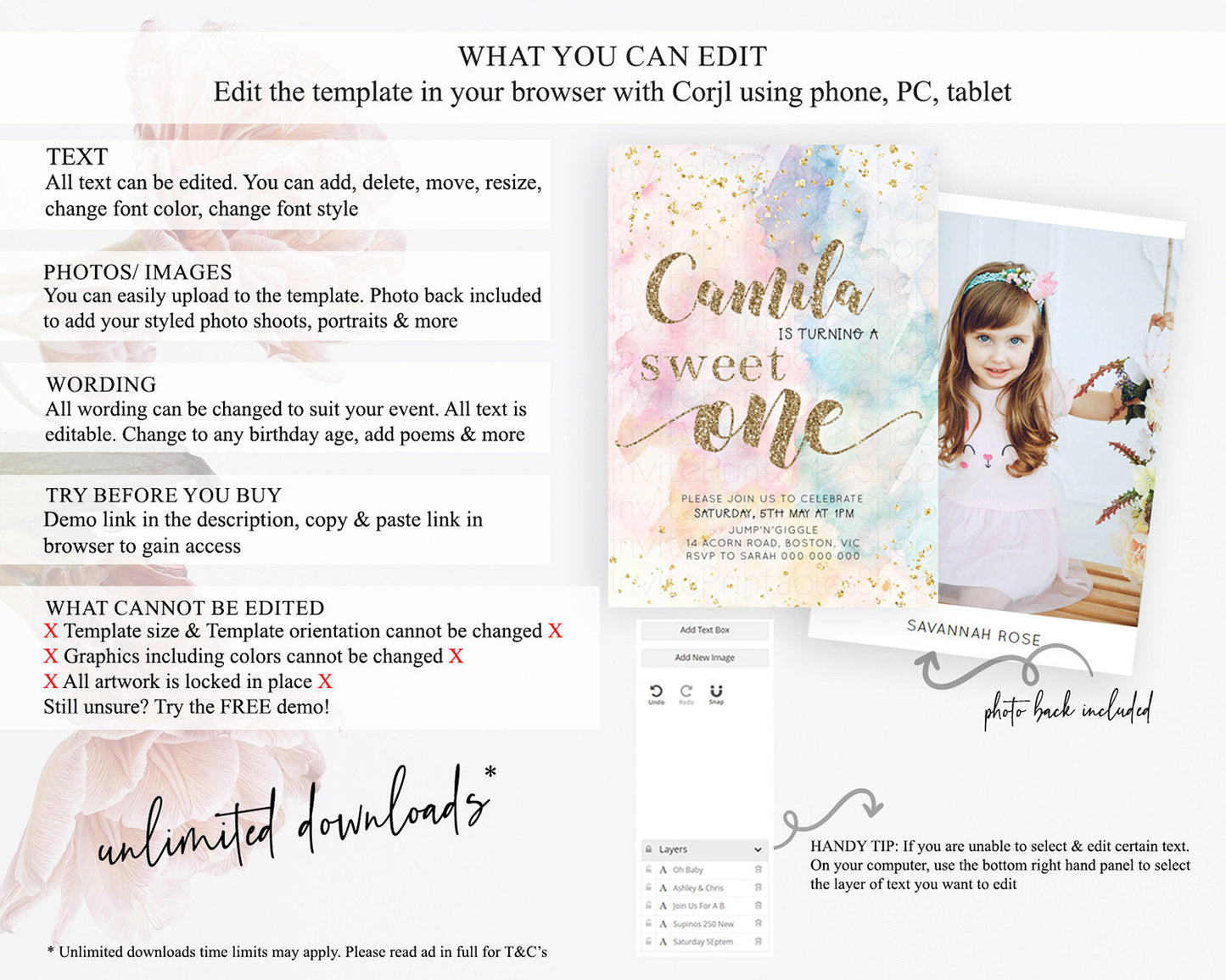 Rainbow Birthday Invitation Glitter Pastel Invitation Colorful Watercolor Gold Foil Splatter Sprinkle Ombre Sweet One Invitation D10264