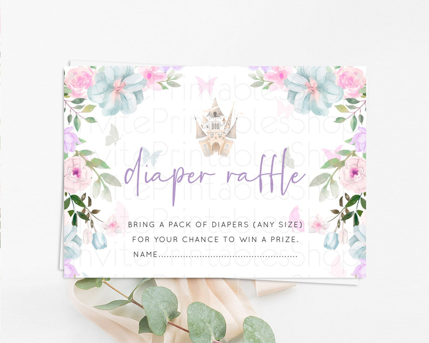 Princess Diaper Raffle Card Castle Diaper Ticket Insert Secret Garden Enchanted Castle Pastel Floral Garden Baby Shower Poem Request D10471