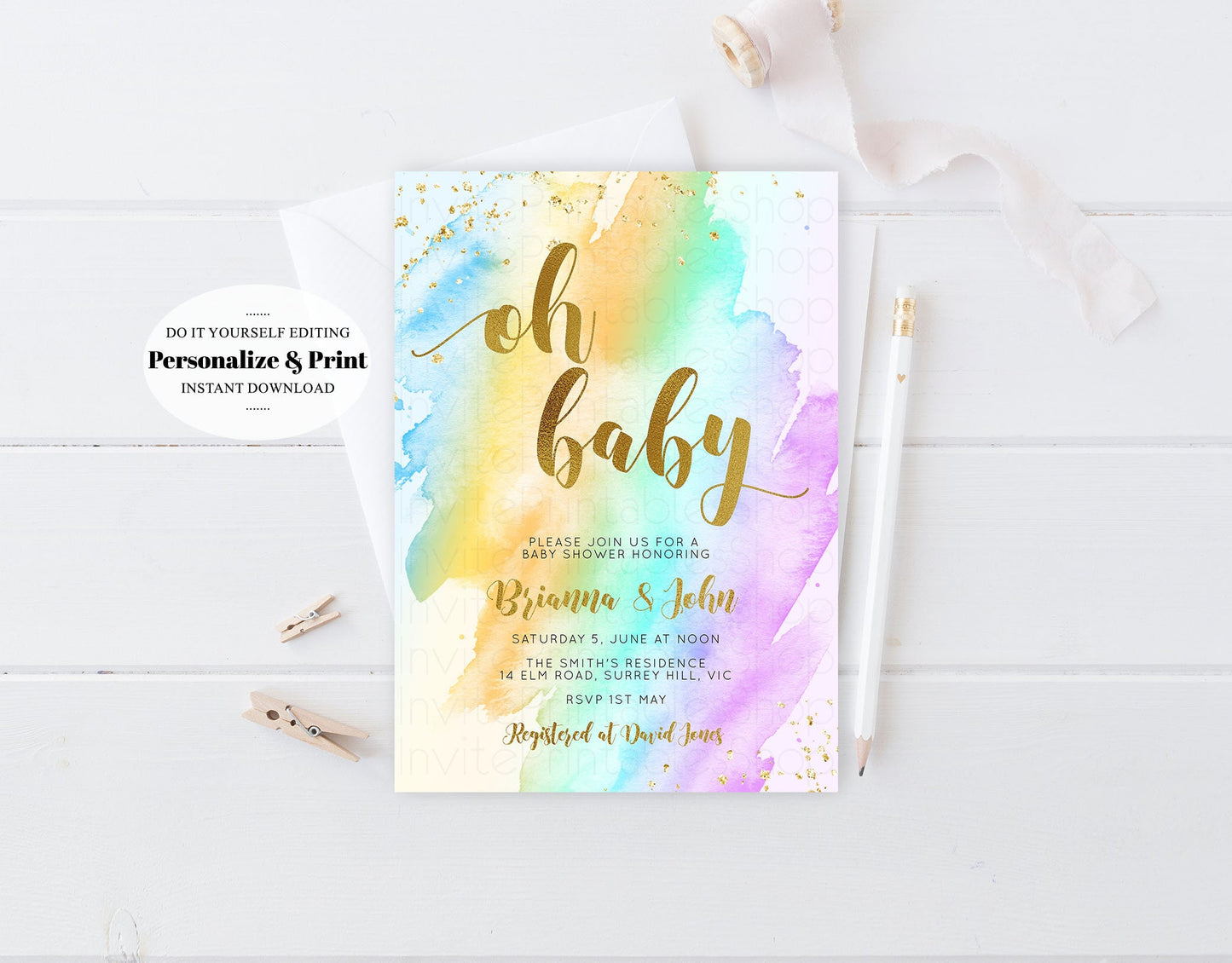 Rainbow Baby Shower Invitation Watercolor Pastel Invitation Colorful Splash Baby Shower Invite Gold Glitter Sprinkles Ombre Invite 489