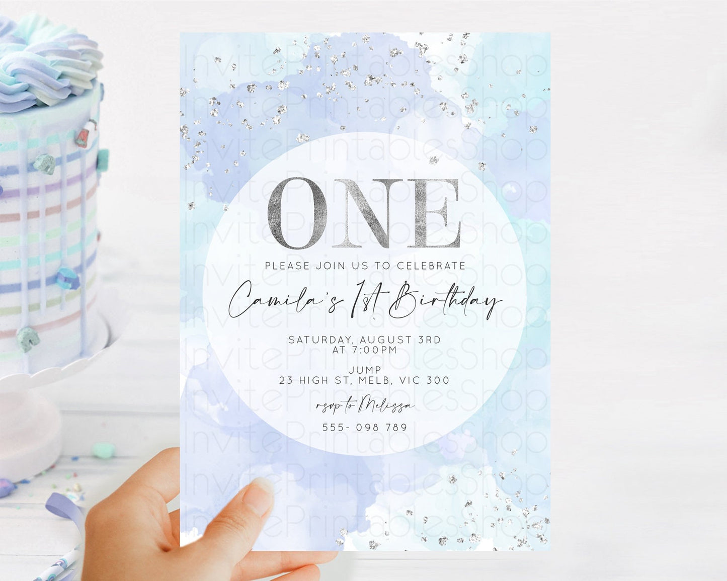 Rainbow Birthday Invitation Colorful Pastel Watercolor Silver Glitter Sprinkles Ombre Pastel Invitation 1st 2nd 3rd First Birthday D10628
