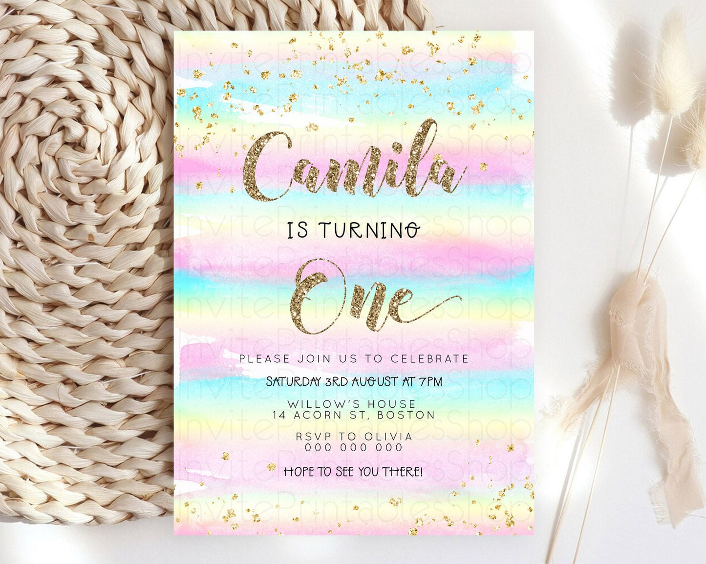 Rainbow Birthday Invitation Colorful Pastel Watercolor Invitation Gold Glitter Sprinkles Ombre Pastel 1st 2nd 3rd Birthday D23265