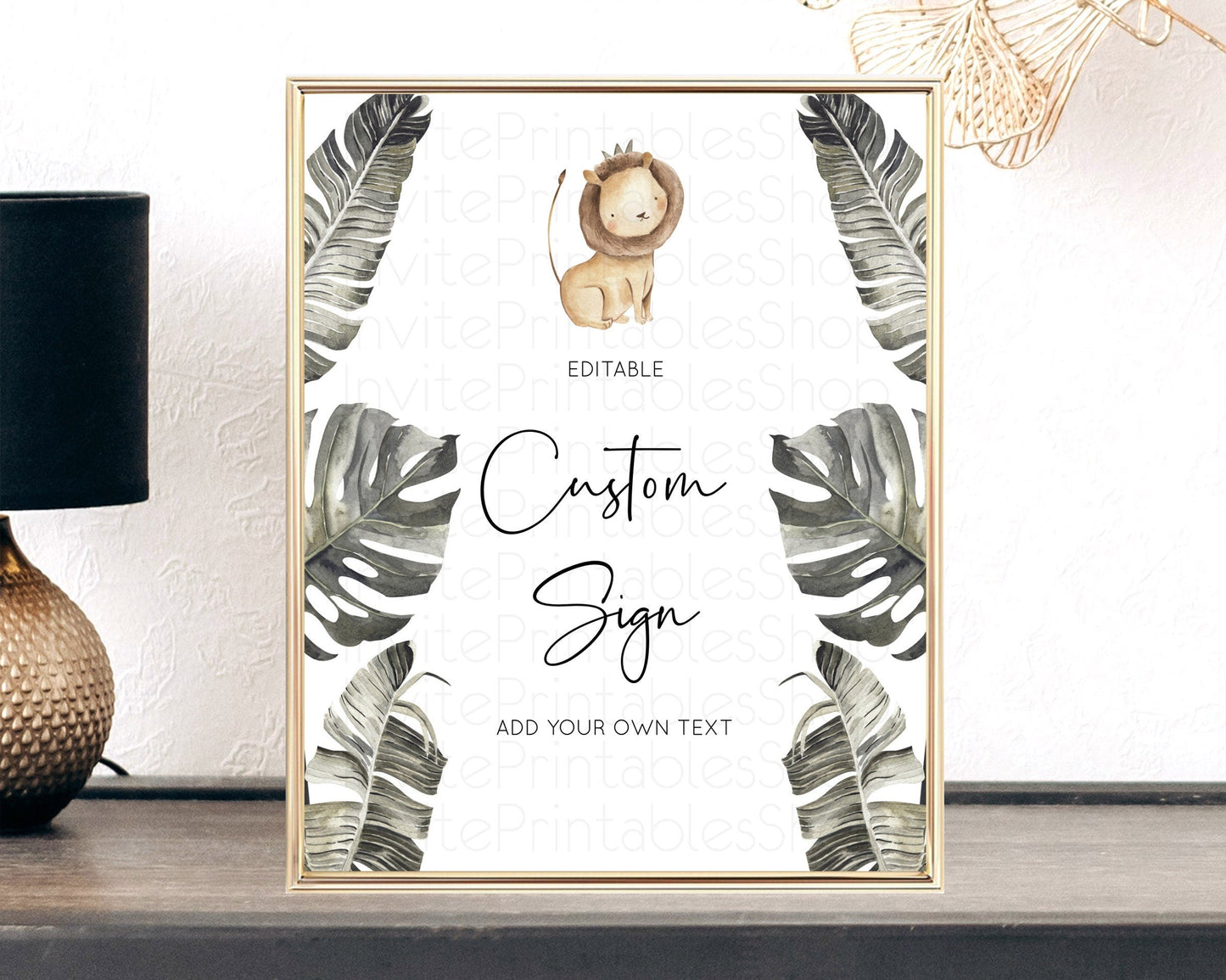 Lion Table Sign Decor Lion Safari Adventure Party Dried Palm Ferns Zoo 1st Birthday Baptism Baby Shower Bridal Shower Wedding D10599