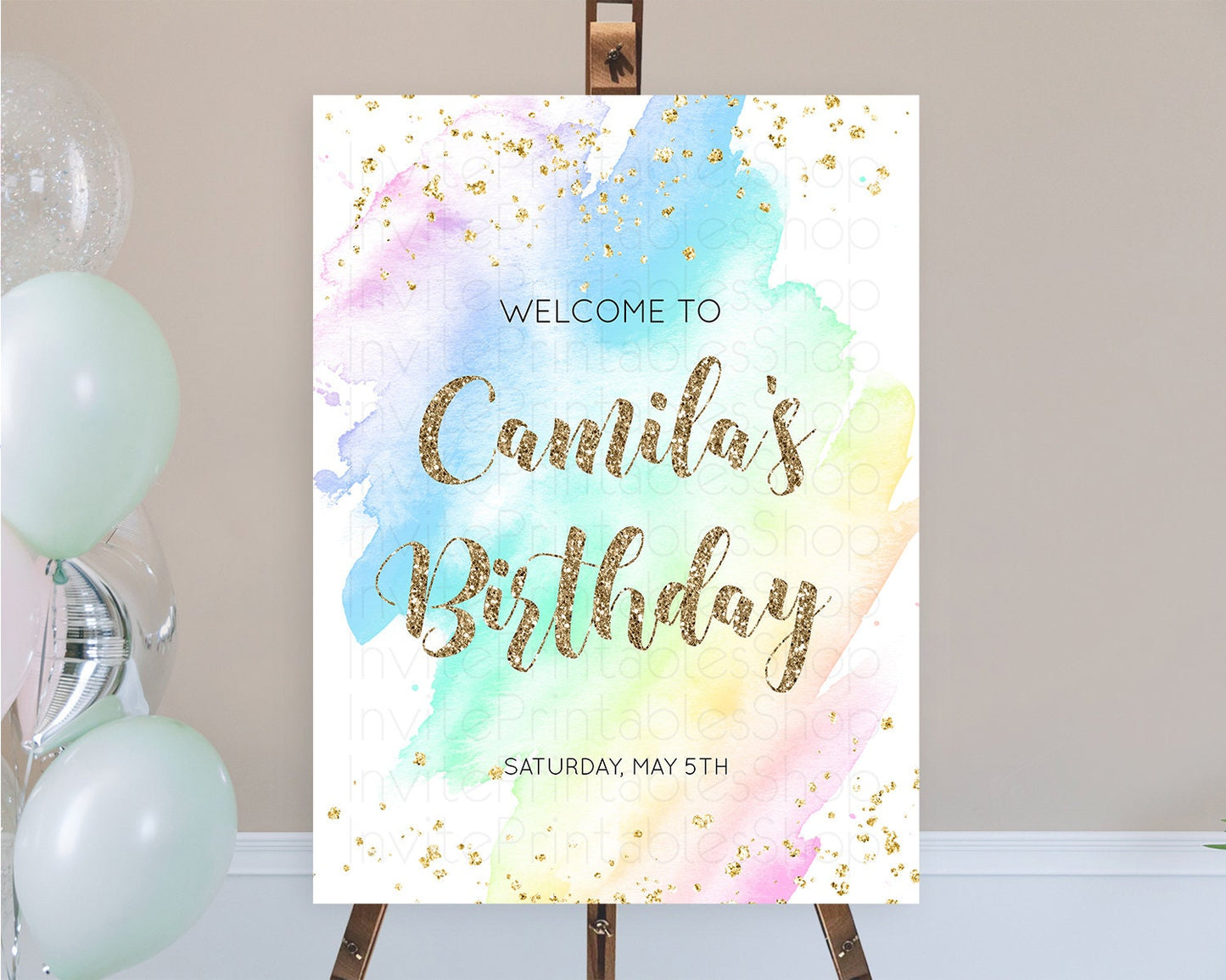 Pastel Welcome Sign Pastel Rainbow Welcome Sign Colorful Rainbow Confetti Watercolor Glitter Pastel First Birthday Welcome Sign D10637