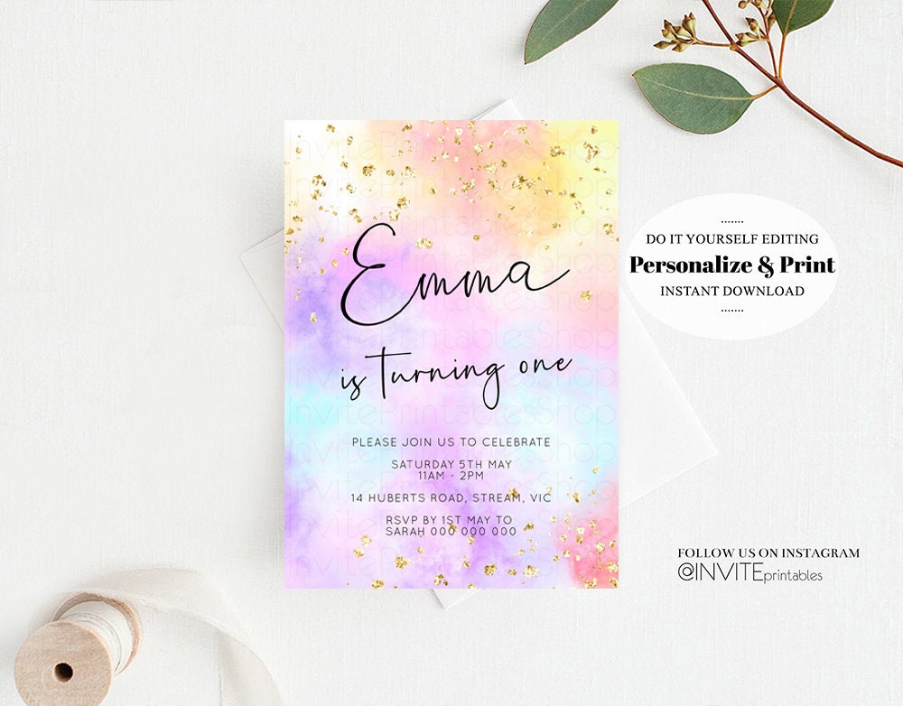 Rainbow Birthday Invitation Ombre Pastel Invitation Colorful Watercolor Splash Invite Gold Glitter Sprinkles Printable Digital Invite 499