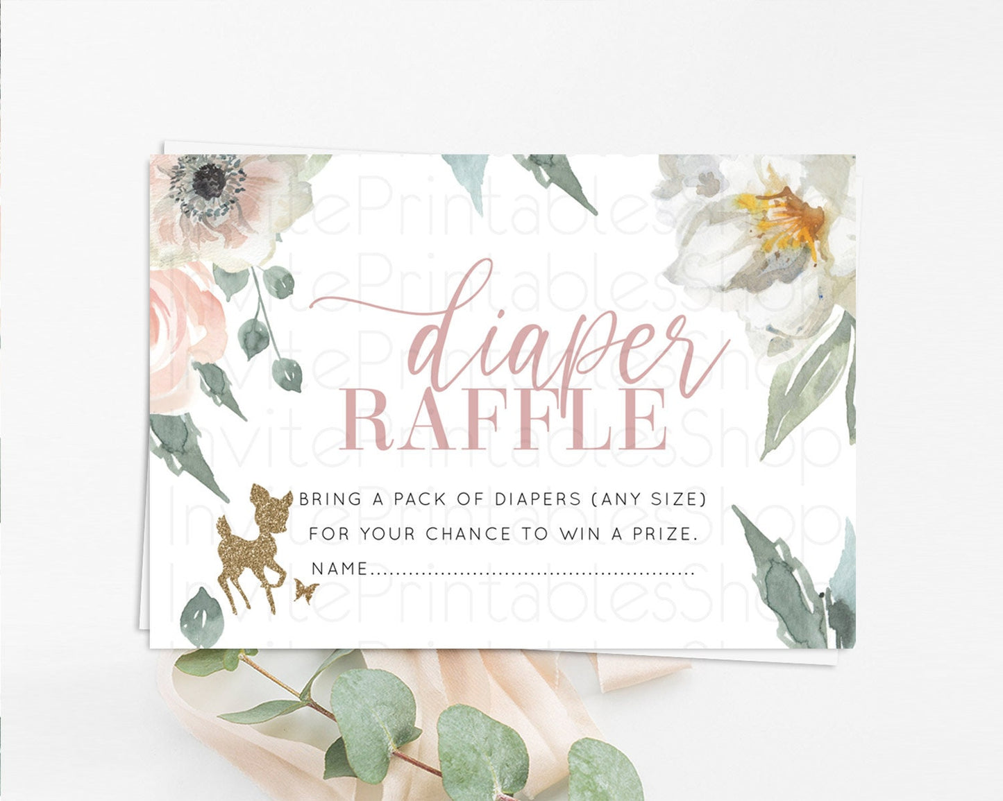 Fawn Diaper Raffle Card Deer Diaper Insert Floral Deer Diaper Ticket Enchanted Forest Butterfly Pastel Baby Shower Raffle Game D10120
