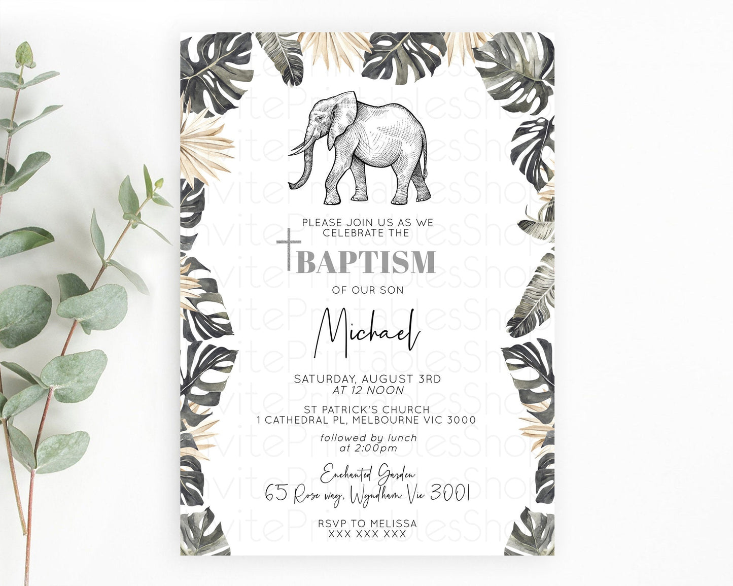 Elephant Baptism Invitation Elephant Baptism 1st Birthday Invitation Safari Christening Invitation TWO Wild ONE Jungle Adventure Zoo D10806