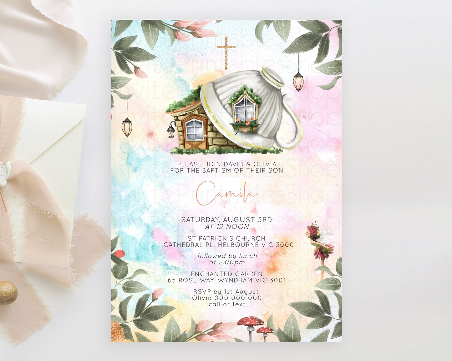 Fairy Baptism Invitation Fairy Baptism 1st Birthday Invitation Enchanted Secret Garden Christening Invite Pastel Floral Butterfly D10555