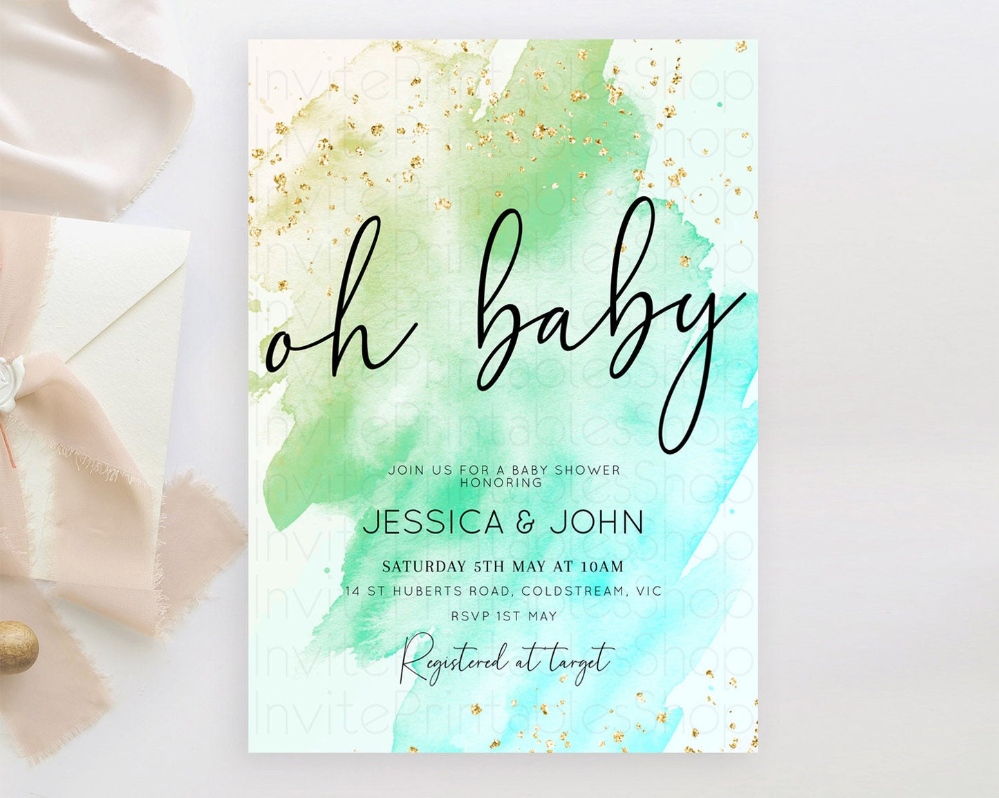 Green Watercolor Baby Shower Invitation: Pastel Green Ombre with Gold Sprinkle Accents, Watercolor Splash - 'Oh Baby' Theme D10170