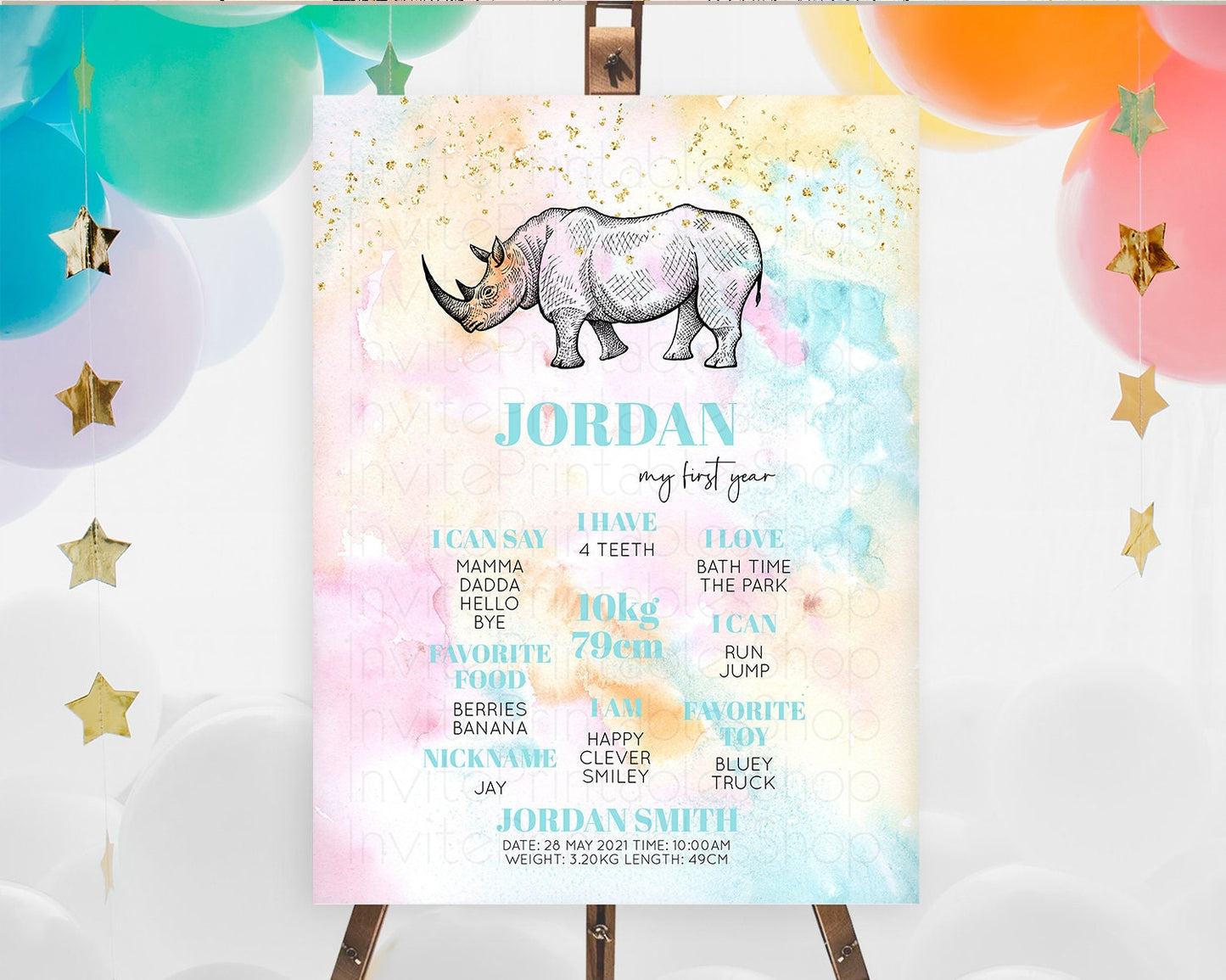 Pastel Rhino First Birthday Milestone Board Rhino Milestone Poster Colorful Rainbow Pastel Watercolor 1st Birthday Welcome Sign D10287