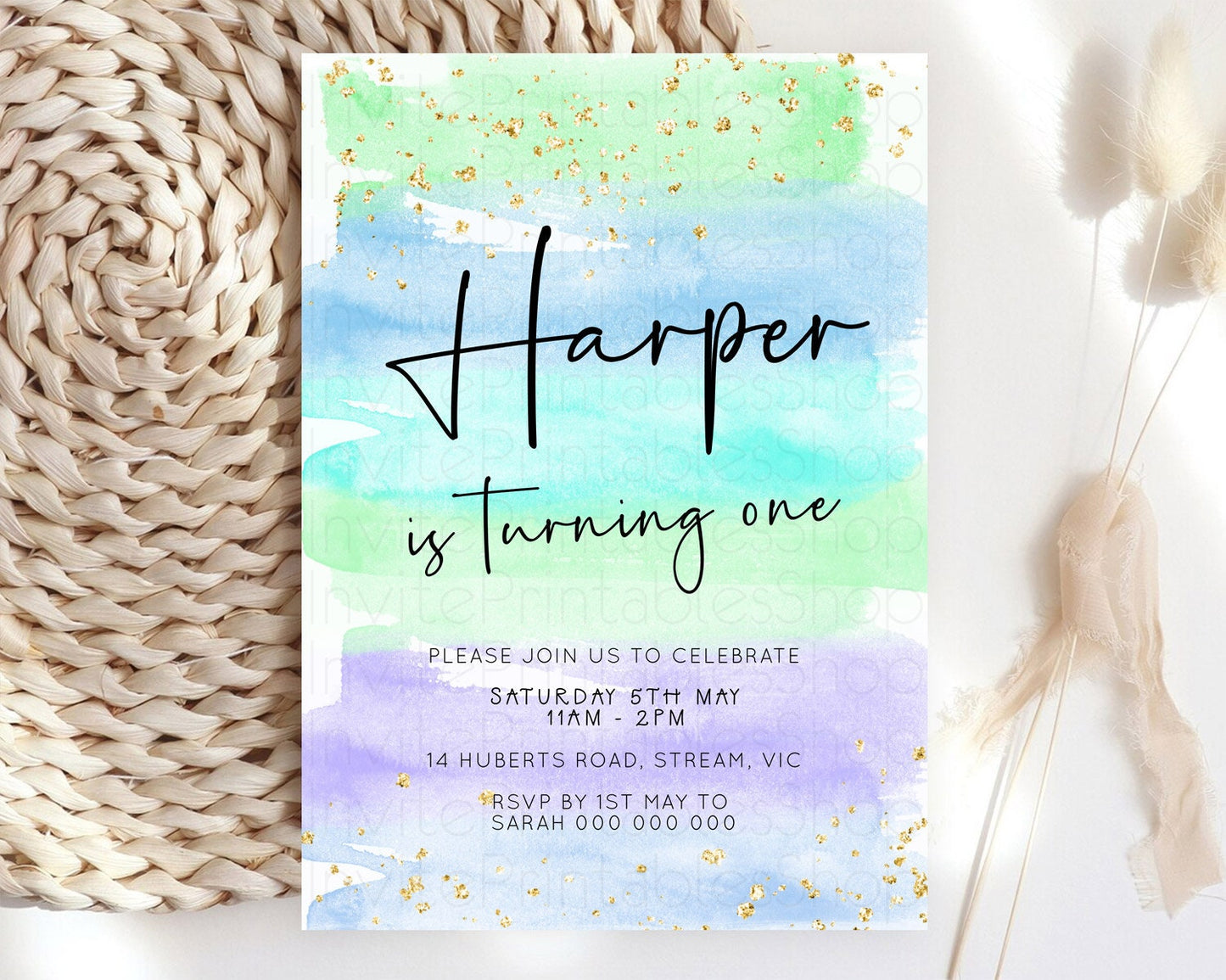 Pastel Birthday Invitation Ombre Watercolor Birthday Invitation Glitter Rainbow Color Splash 1st 2nd 3rd Birthday Invitation D23043