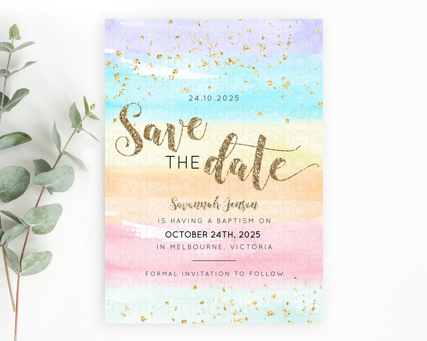 Pastel Save The Date Template Pastel Ombre Rainbow Watercolor Colorful Party For Birthday Baptism Baby Shower Wedding Bridal Shower D10508