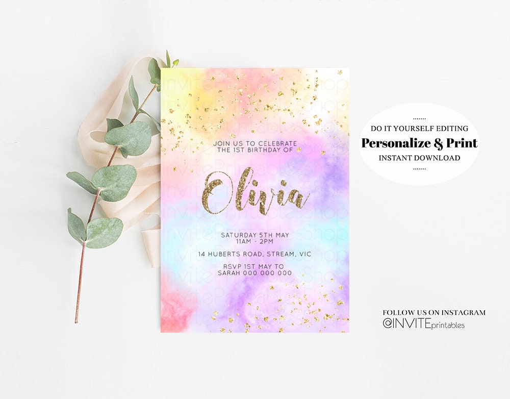 Rainbow Birthday Invitation Ombre Pastel Invitation Colorful Watercolor Splash Invite Gold Glitter Sprinkles Printable Digital Invite 499