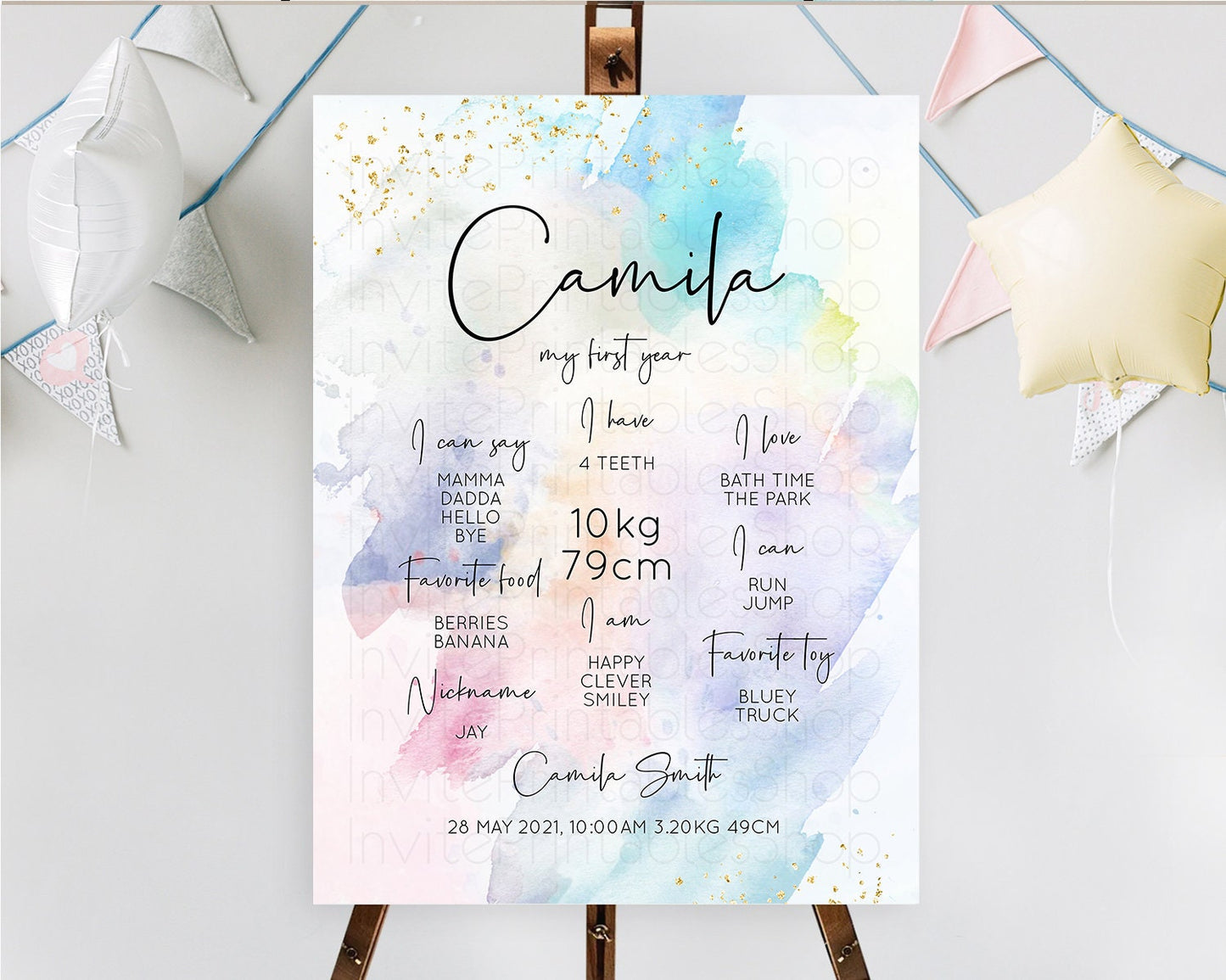 Pastel First Birthday Milestone Board Pastel Rainbow Milestone Poster Colorful Confetti Watercolor Glitter 1st Birthday Welcome Sign D10422