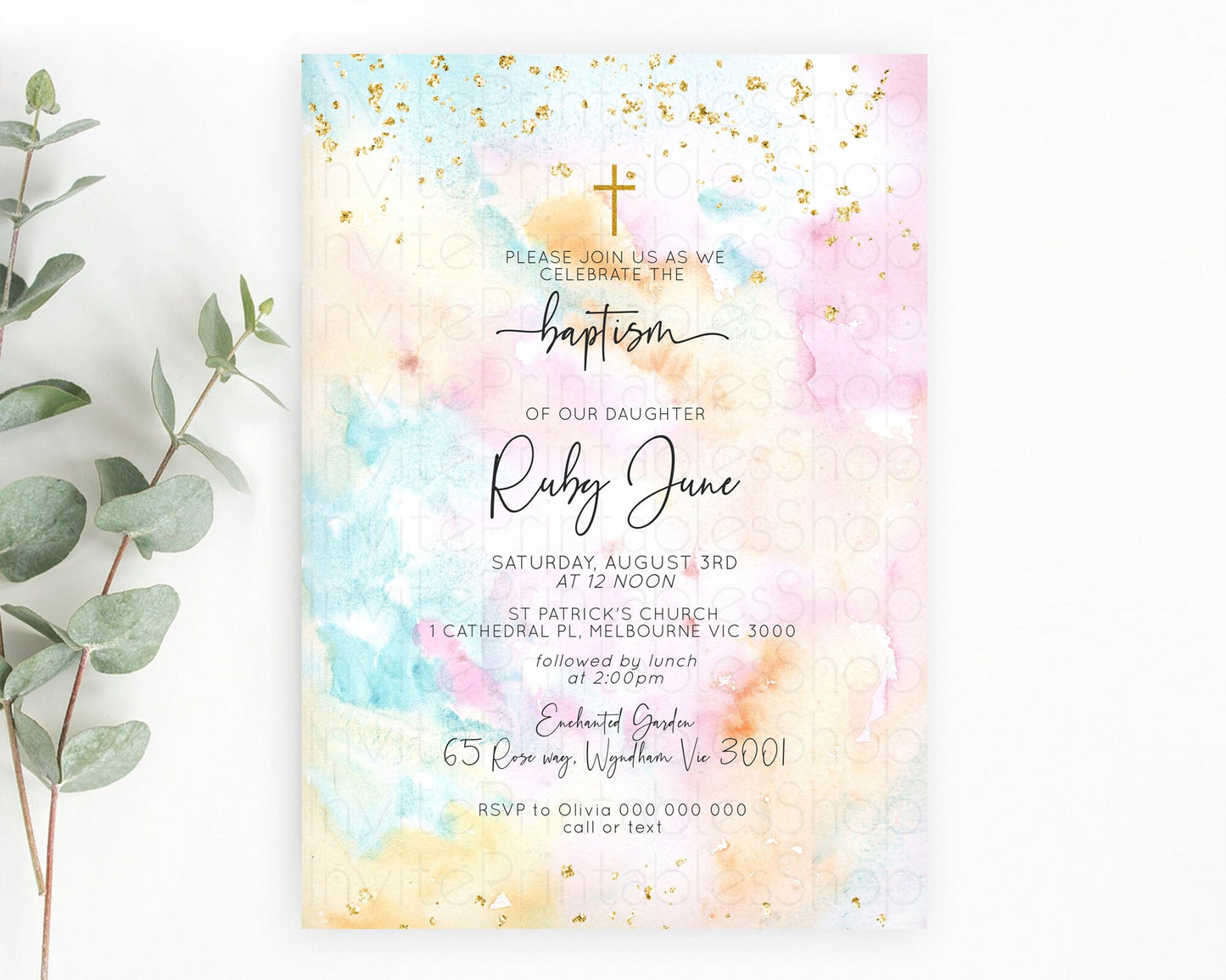 Pastel Baptism Invitation Pastel Colors Watercolor Baptism 1st Birthday Party Gold Ombre Pastel Rainbow Christening Holy Communion D10548