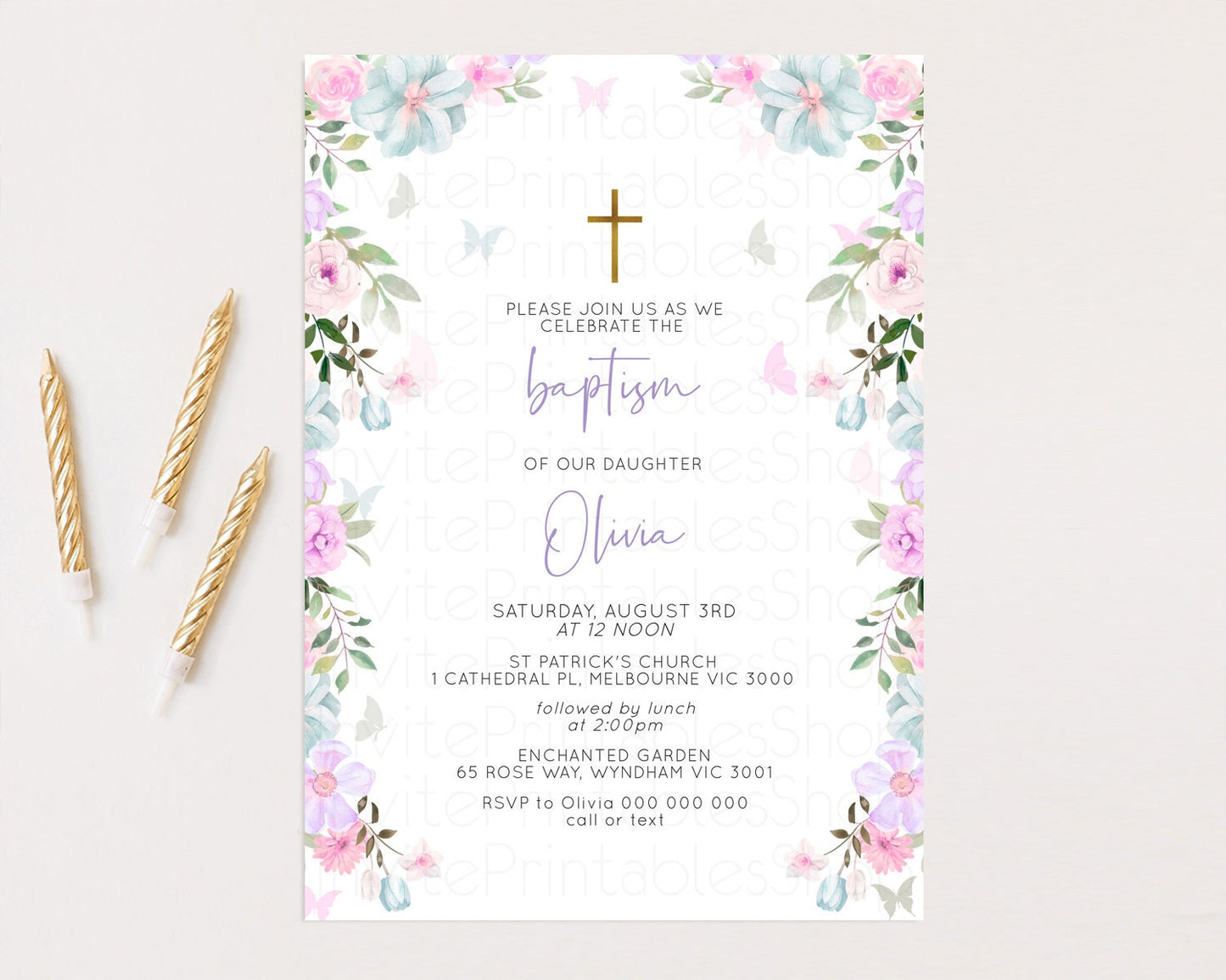 Floral Baptism Invitation Pastel Floral Christening Invitation Enchanted Garden Purple Pink Flowers Butterflies Holy Communion Invite 513