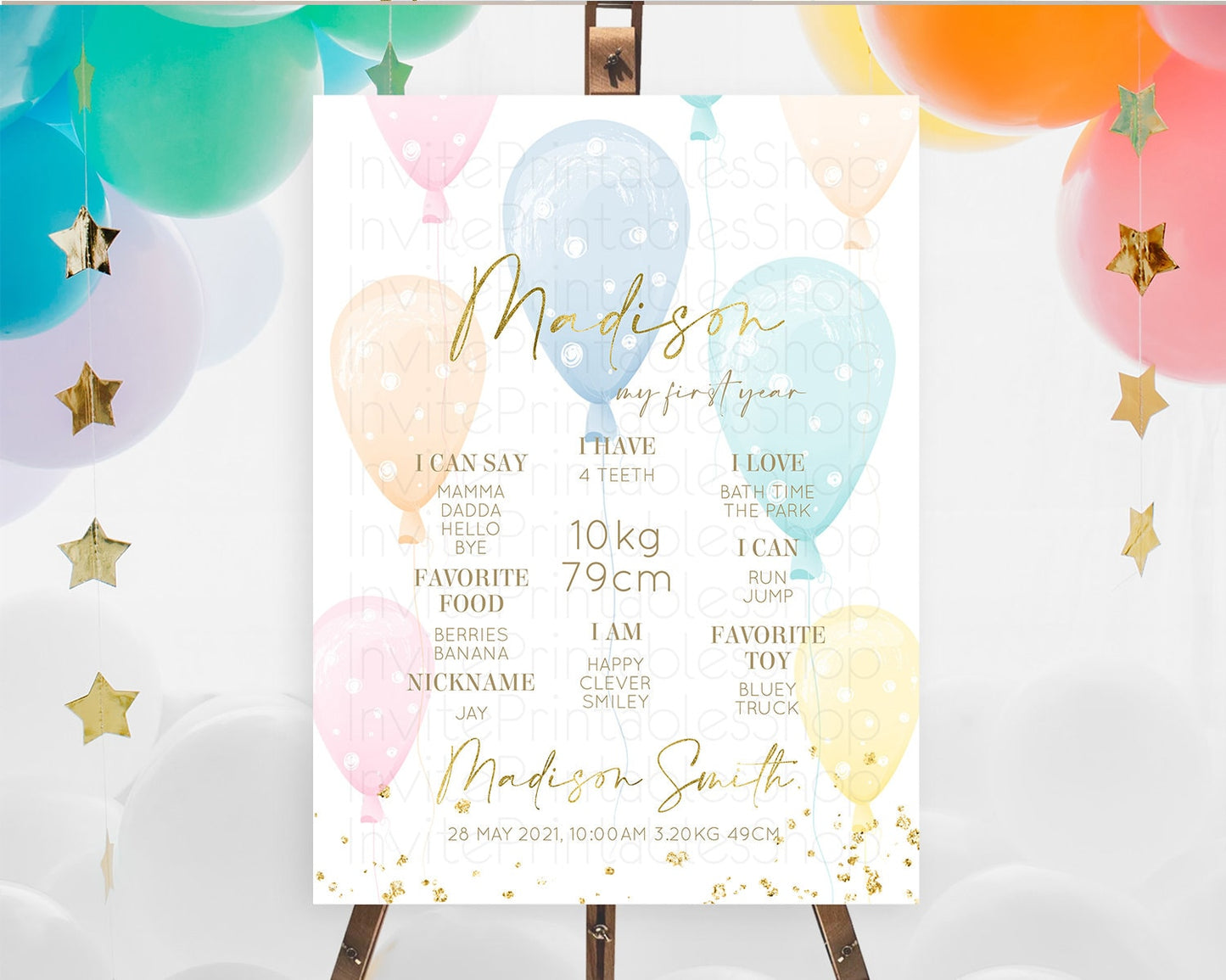 Pastel Balloons First Birthday Milestone Board Colorful Balloon Milestone Poster Rainbow Balloon Confetti 1st Birthday Welcome Sign D10182