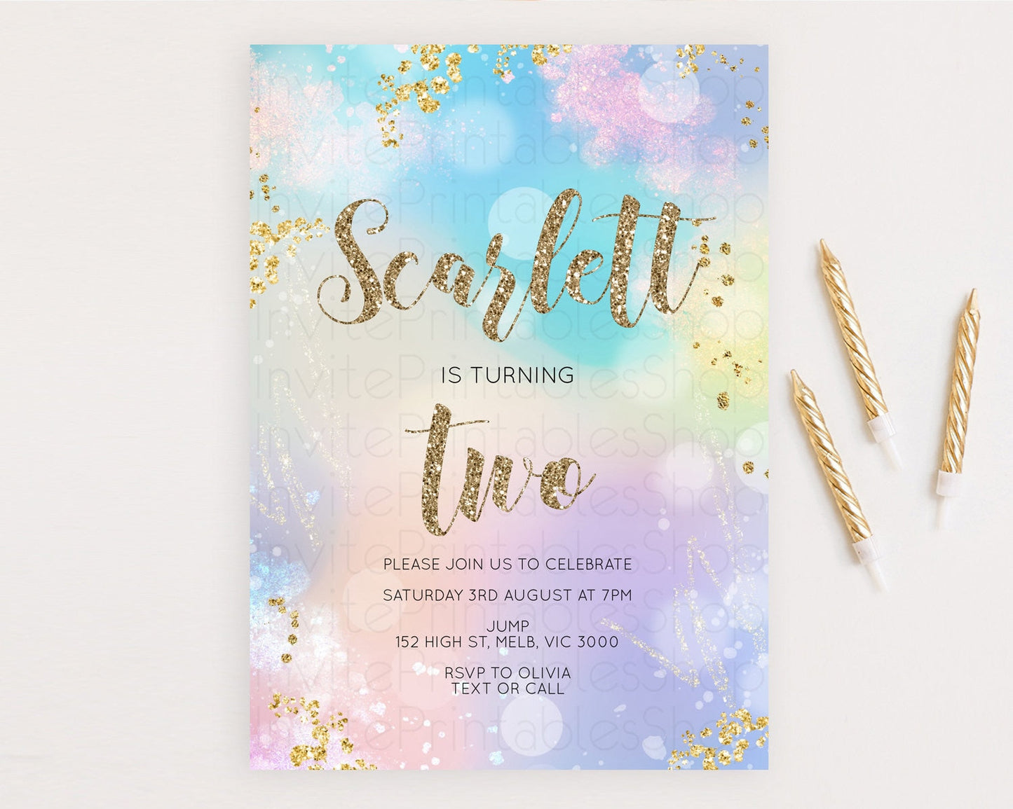 Rainbow Birthday Invitation Colorful Pastel Watercolor Invitation Gold Glitter Sprinkles Ombre Pastel 1st 2nd 3rd Birthday D10677