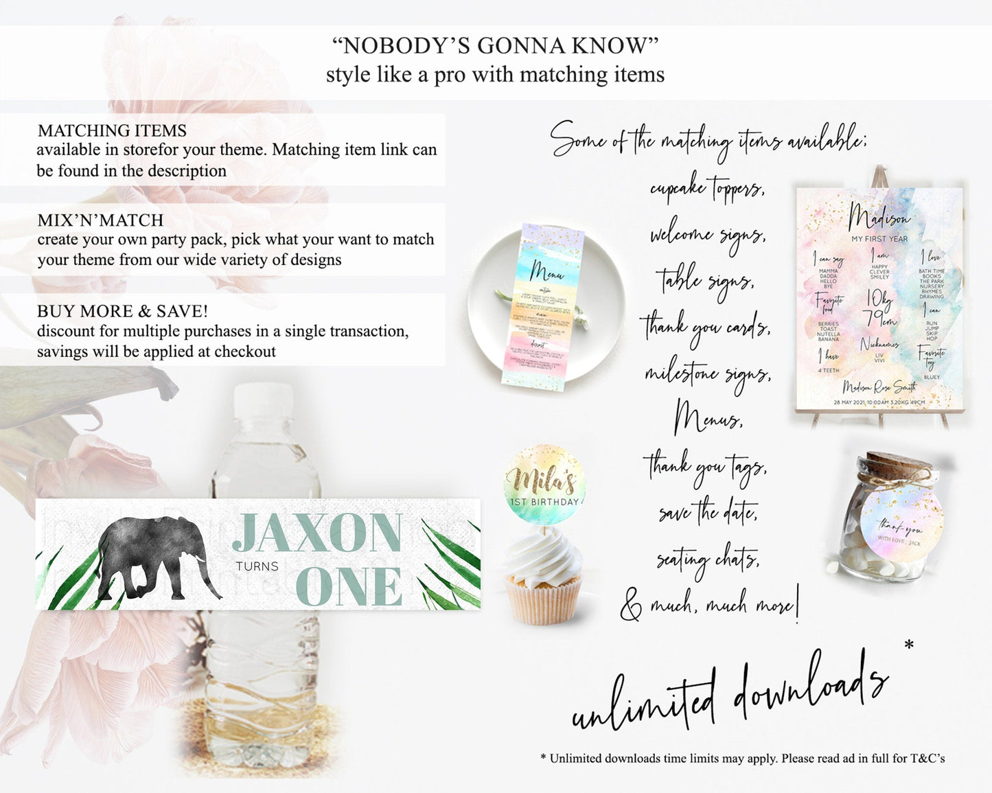 Elephant Water Label Template Elephant Safari Adventure Party Decor Dried Palm Fern Zoo Birthday Baptism Baby Shower Bridal Shower D10842