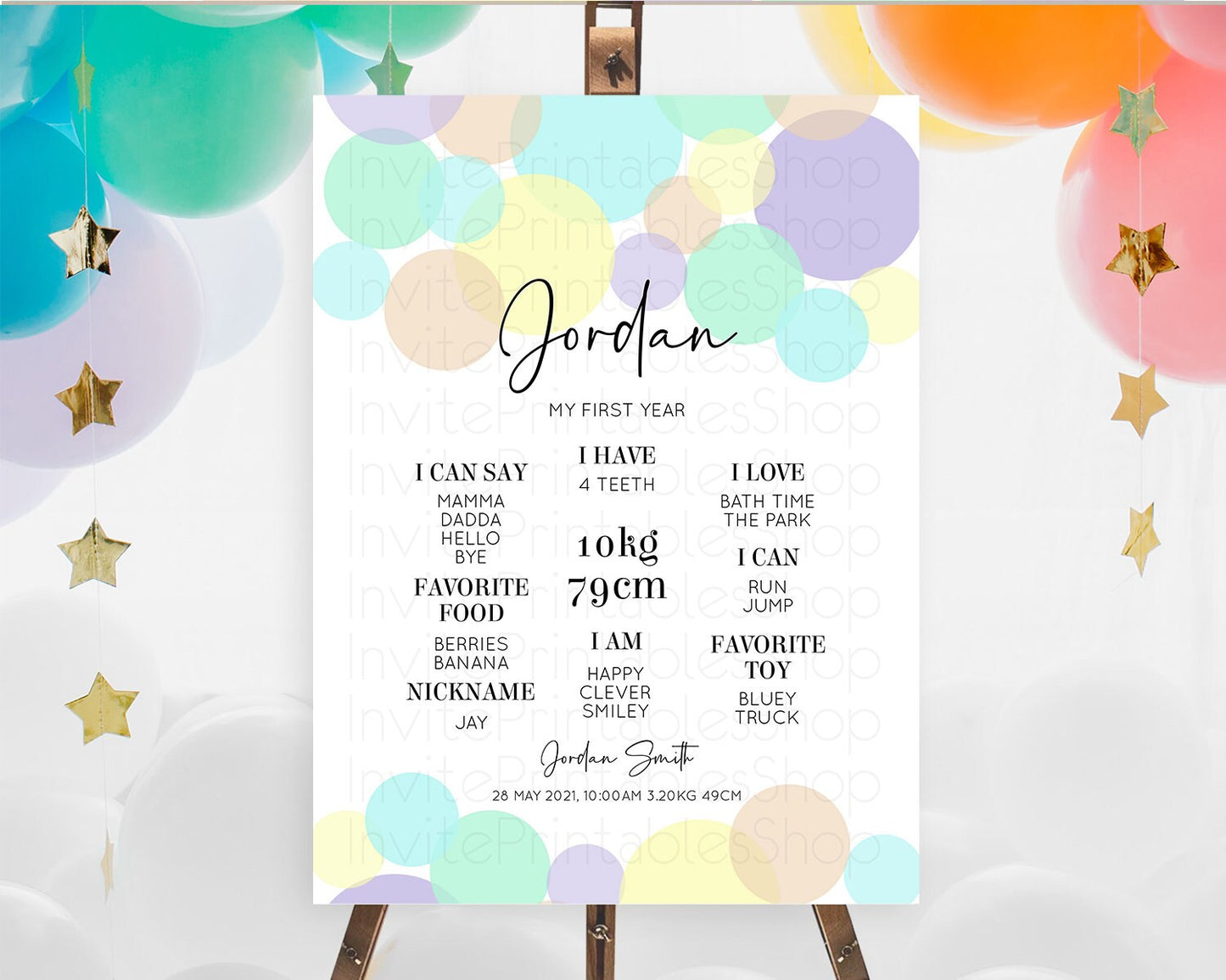 Pastel First Birthday Milestone Poster Pastel Rainbow Confetti First Birthday Milestone Board Colorful Bubbles Birthday Welcome Sign D10414