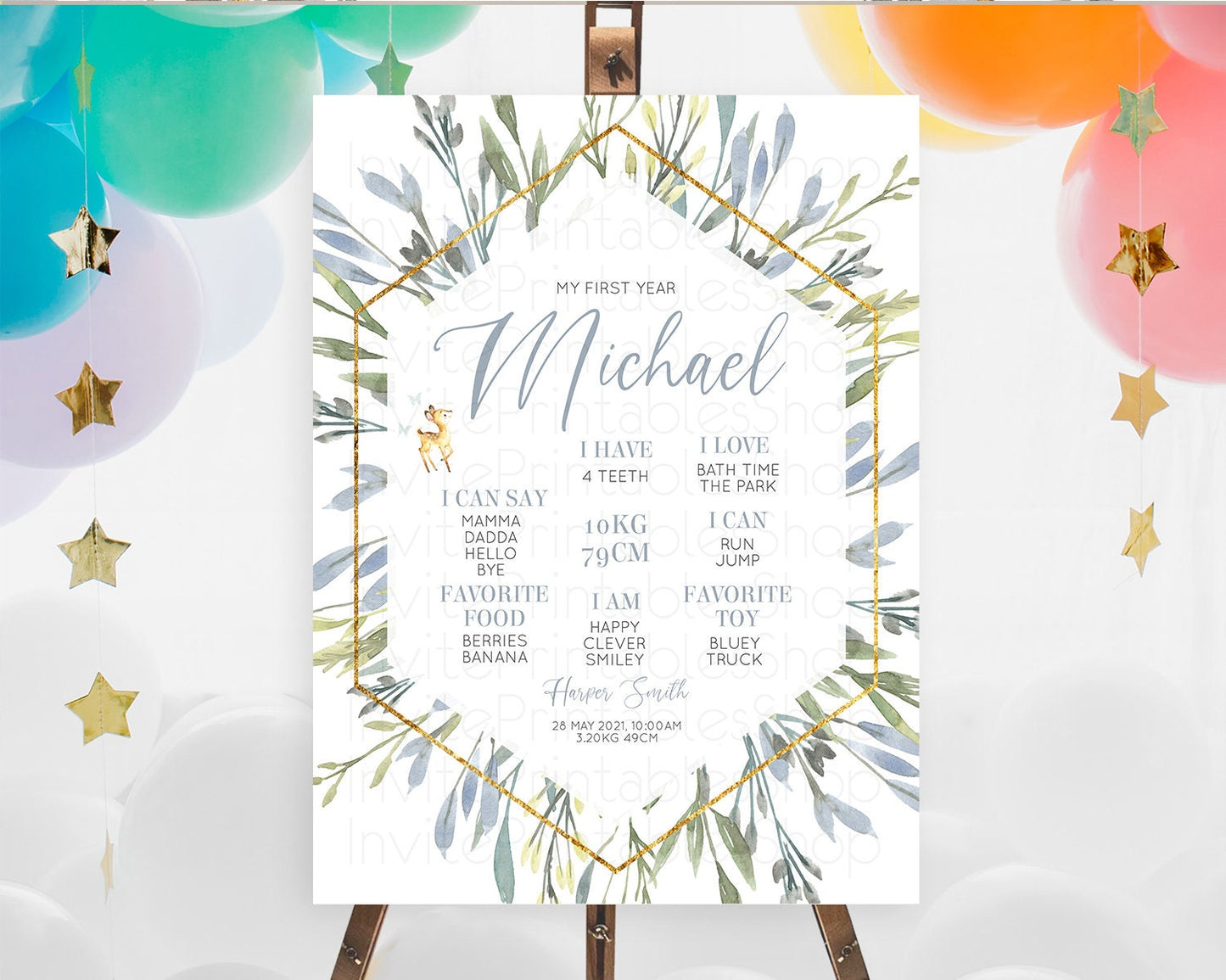 Fawn First Birthday Milestone Board Deer First Birthday Milestone Poster Enchanted Forest Butterfly Pastel Flowers 1st Birthday Sign D10400