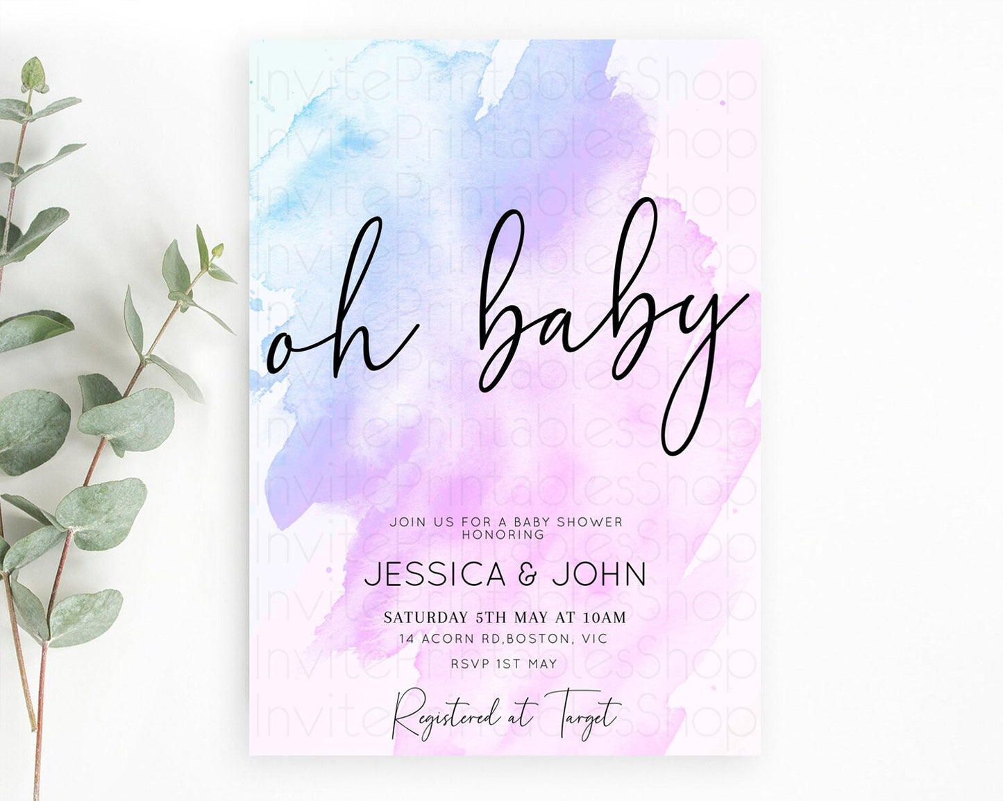 Purple Baby Shower Invitation Purple Watercolor Baby Shower Invitation Pastel Purple Watercolor Invitation Purple Splash Invitation D10169