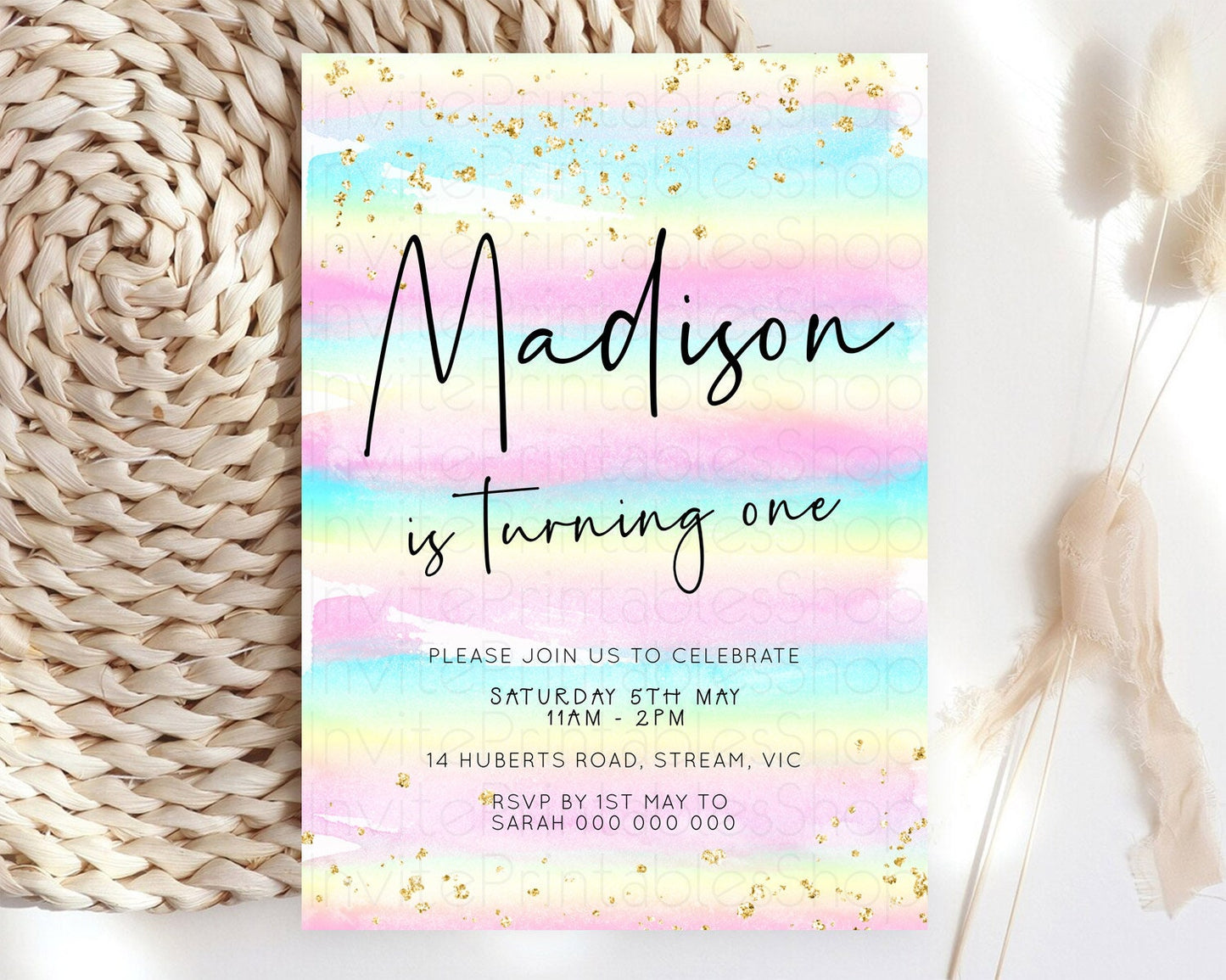 Pastel Birthday Invitation Ombre Watercolor Birthday Invitation Glitter Rainbow Color Splash 1st 2nd 3rd Birthday Invitation D23034