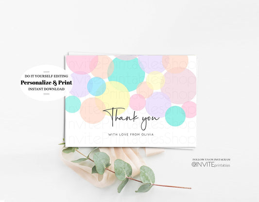 Pastel Rainbow Watercolor Thank You Card Colorful Paint Custom Message Kids Birthday Baby Shower Guest Gift Flat Postcard Printable Template