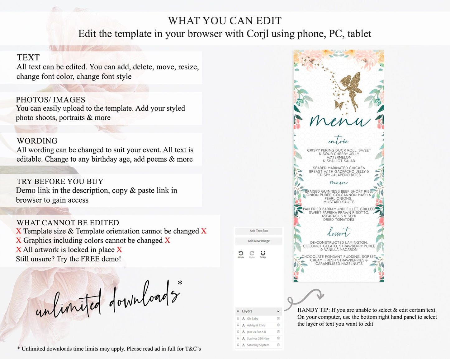 Fairy Menu Fairy Menu Template Enchanted Garden Pastel Floral Butterfly Table Décor Fairy Secret Garden Dinner Dessert Food Menu D10239