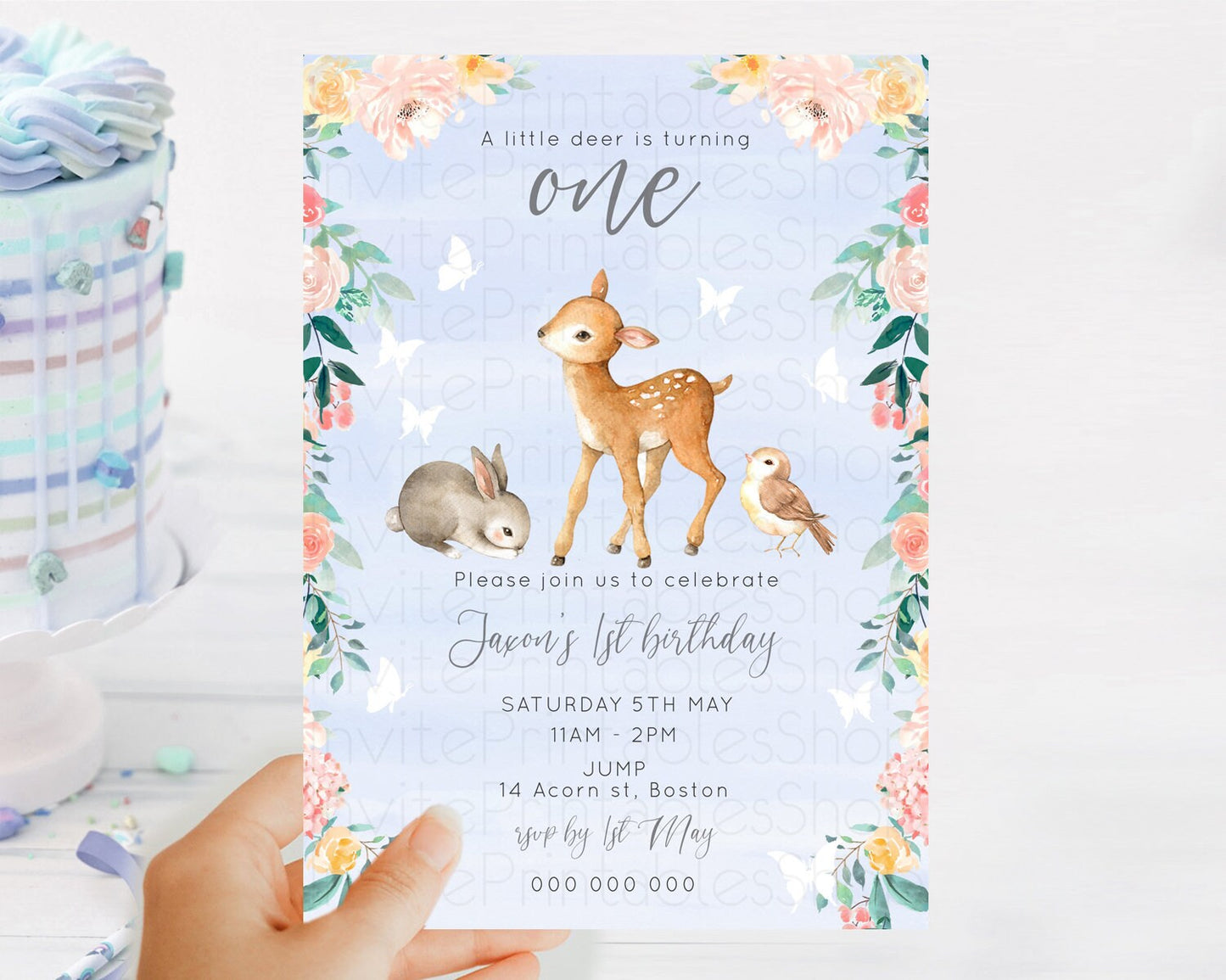 Fawn Birthday Invitation Deer Birthday Invitation Enchanted Forest Party Butterfly Pastel Flowers Whimsical 2nd 1st First Birthday D10920