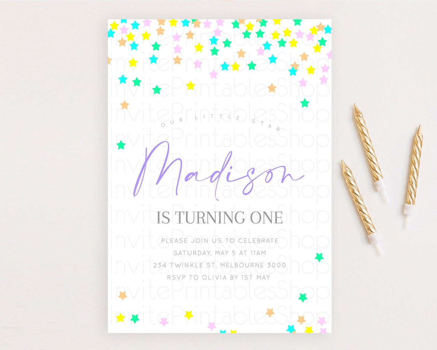 Star Birthday Invitation Pastel Stars Invite Shooting Star Party Rainbow Colorful Confetti Twinkle Little Star 2nd First Birthday D10395