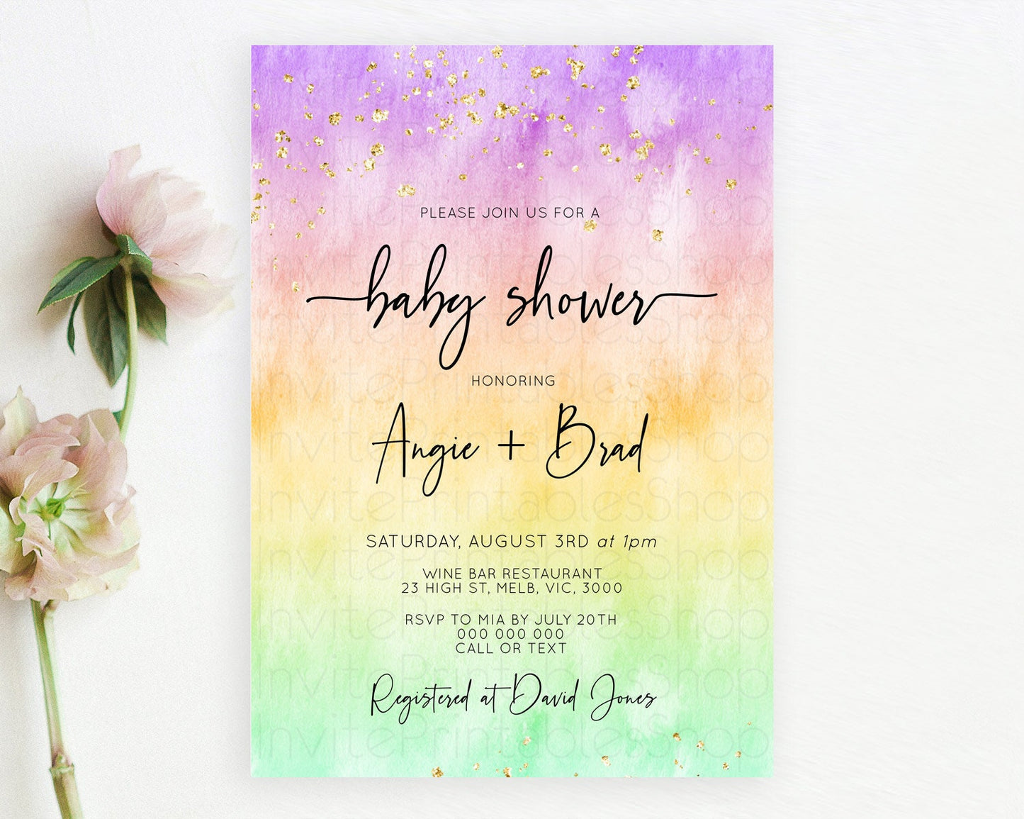 Pastel Baby Shower Invitation Rainbow Baby Shower Invitation Colorful Pastel Watercolor Invitation Gold Glitter Sprinkles Ombre D10514