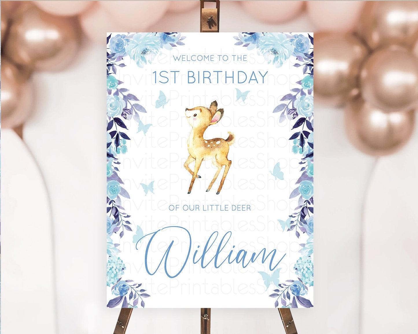 Fawn Welcome Sign Deer Welcome Board Floral Deer Welcome Poster Enchanted Forest Butterfly Pastel Floral First Birthday Welcome Sign D10917