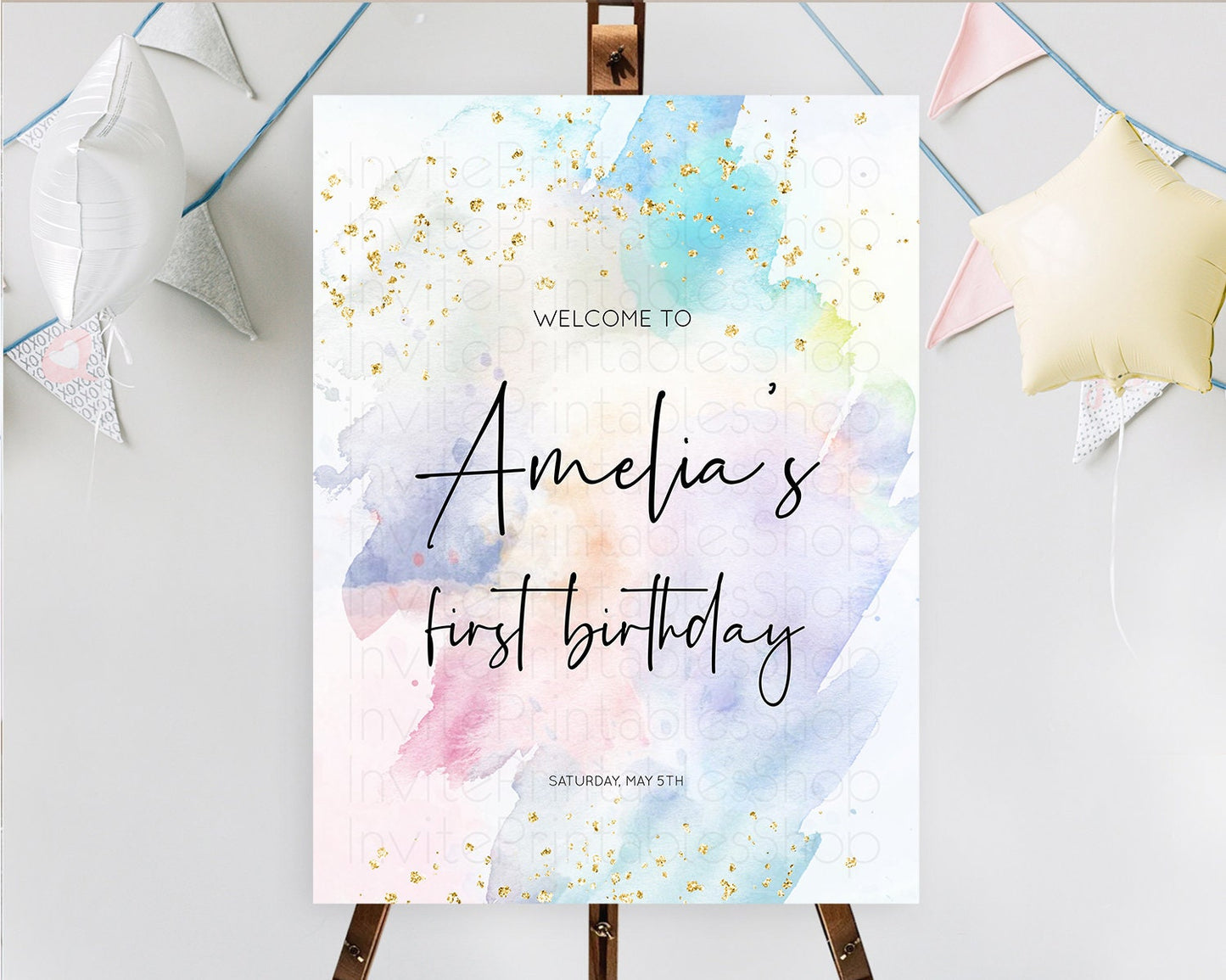 Pastel Welcome Sign Pastel Rainbow Welcome Sign Colorful Rainbow Confetti Watercolor Glitter Pastel First Birthday Welcome Sign D10422