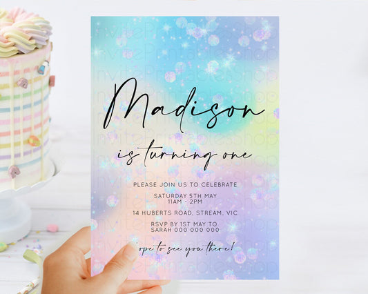 Editable Rainbow Birthday Invitation Colorful Pastel Watercolor Iridescent G