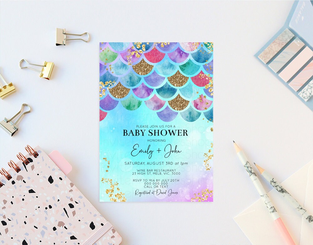 Mermaid Baby Shower Invitation Pastel Rainbow Baby Invite Under the Sea Colorful Watercolor Baby Shower Invite Glitter Sprinkles Invite 574
