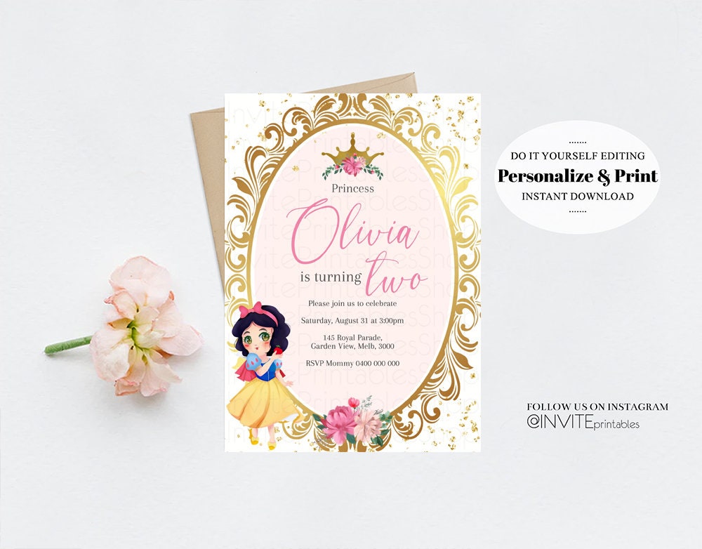 Snow White Birthday Invitation Baby Princess Rose Crown Enchanted Castle Invitation Fairy Tale Mirror Mirror Gold Glitter Royal Celebration