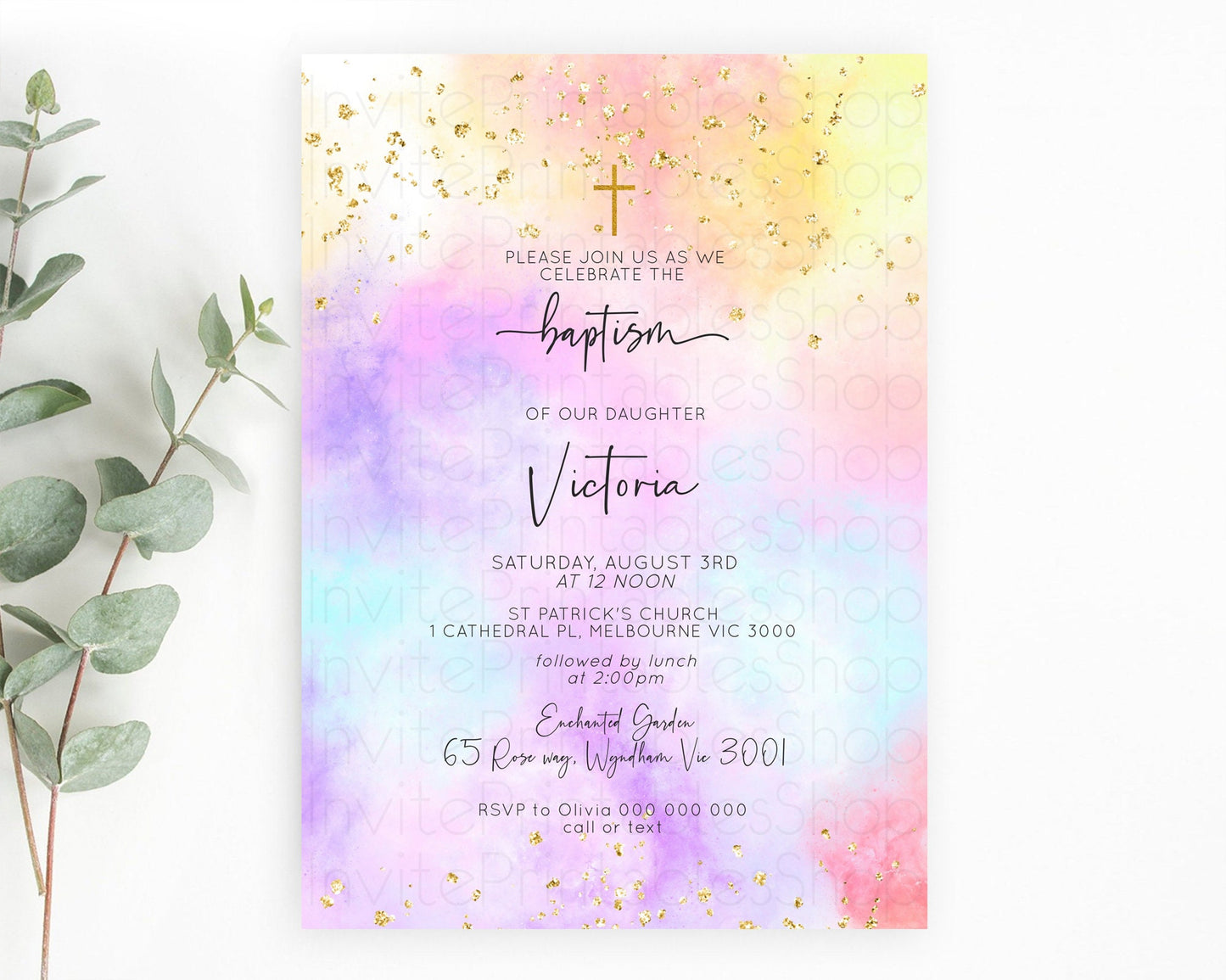 Pastel Baptism Invitation Pastel Colors Watercolor Baptism 1st Birthday Party Gold Ombre Pastel Rainbow Christening Holy Communion D10437