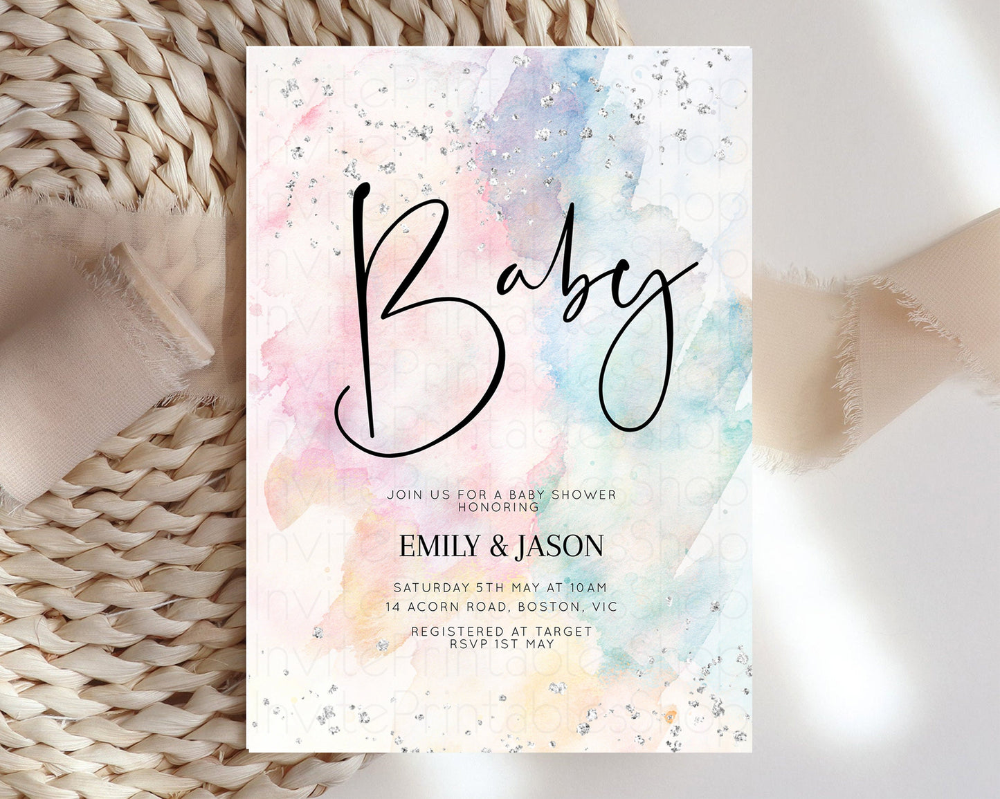 Rainbow Baby Shower Invitation Pastel Watercolor Invite Ombre Splash Invite Silver Glitter Confetti Sprinkles Colorful Gender Neutral s276v4