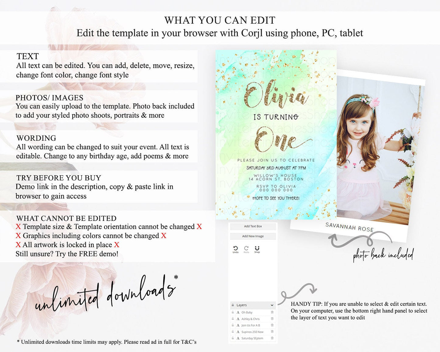 Green Birthday Invitation green Watercolor Invitation Pastel green Watercolor Invitation green Splash Gold Invitation First Birthday D23287