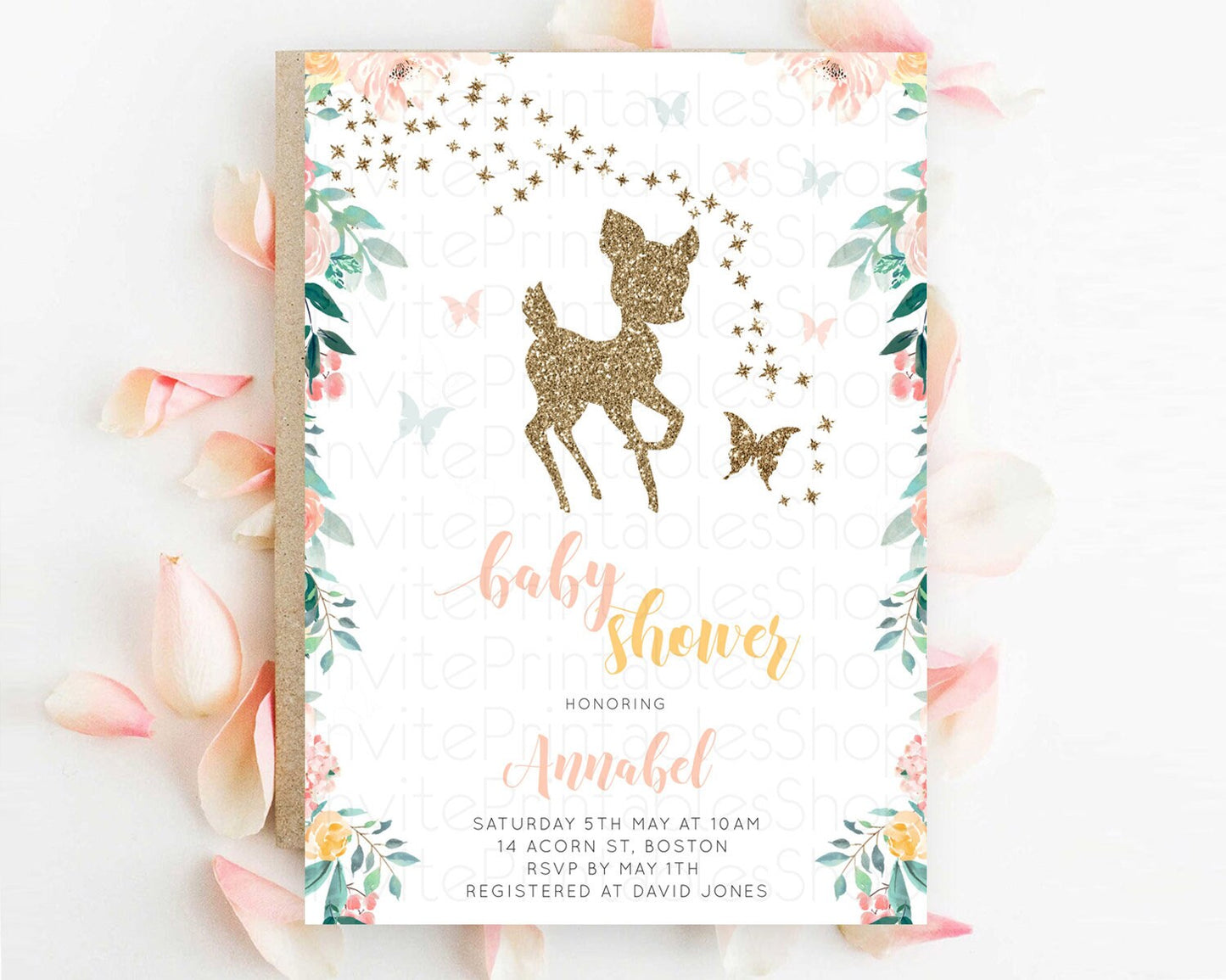 Enchanted Forest Baby Shower Invitation, Whimsical Deer and Butterfly, Pastel Flowers Pink, Green, Orange - Gold Glitter Floral Theme D10874