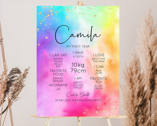Pastel First Birthday Milestone Board Pastel Rainbow Milestone Poster Watercolor Glitter One Year Poster Colorful Splash Baby 1st Year 509